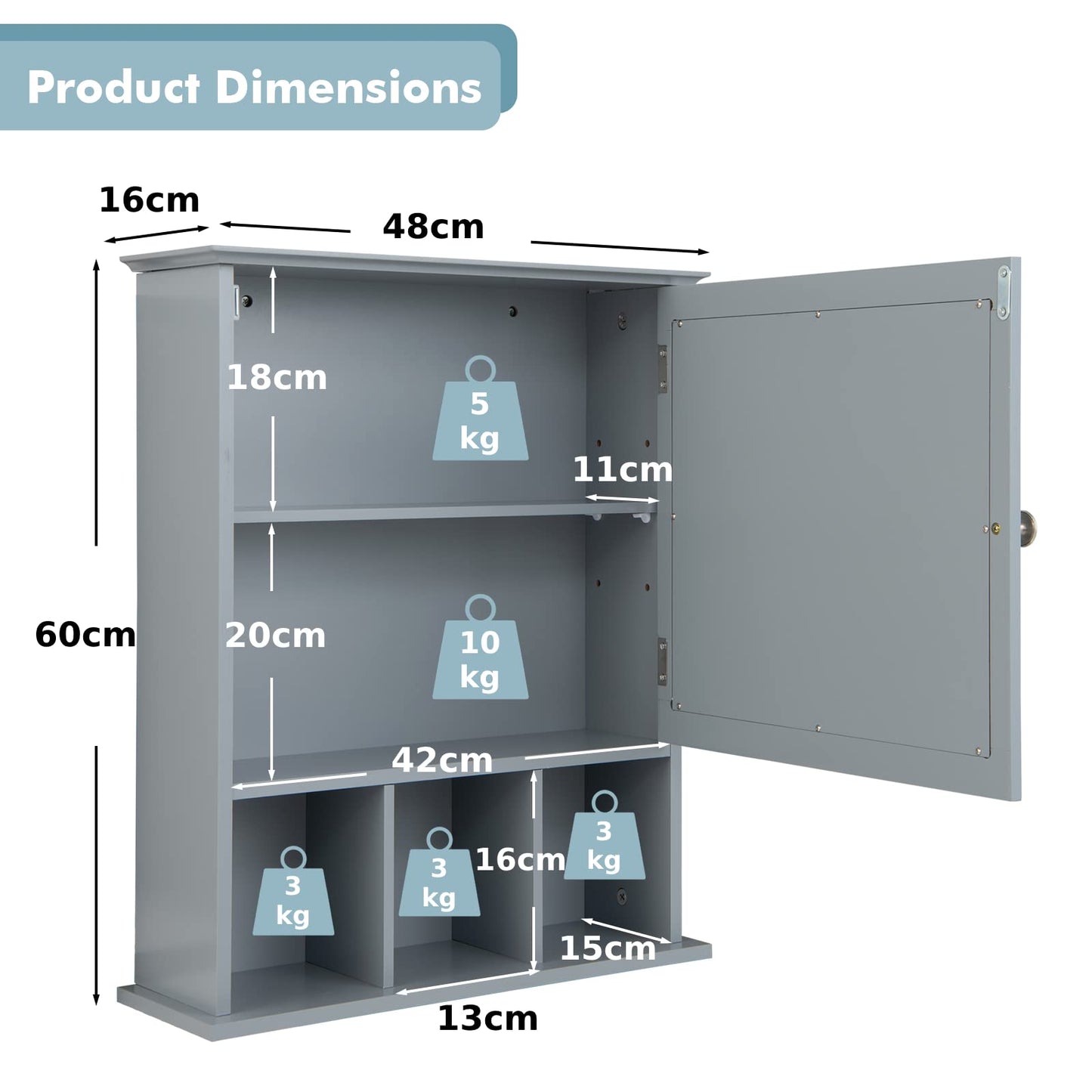 Mirror Door Cabinet with Adjustable Shelf and 3 Compartments