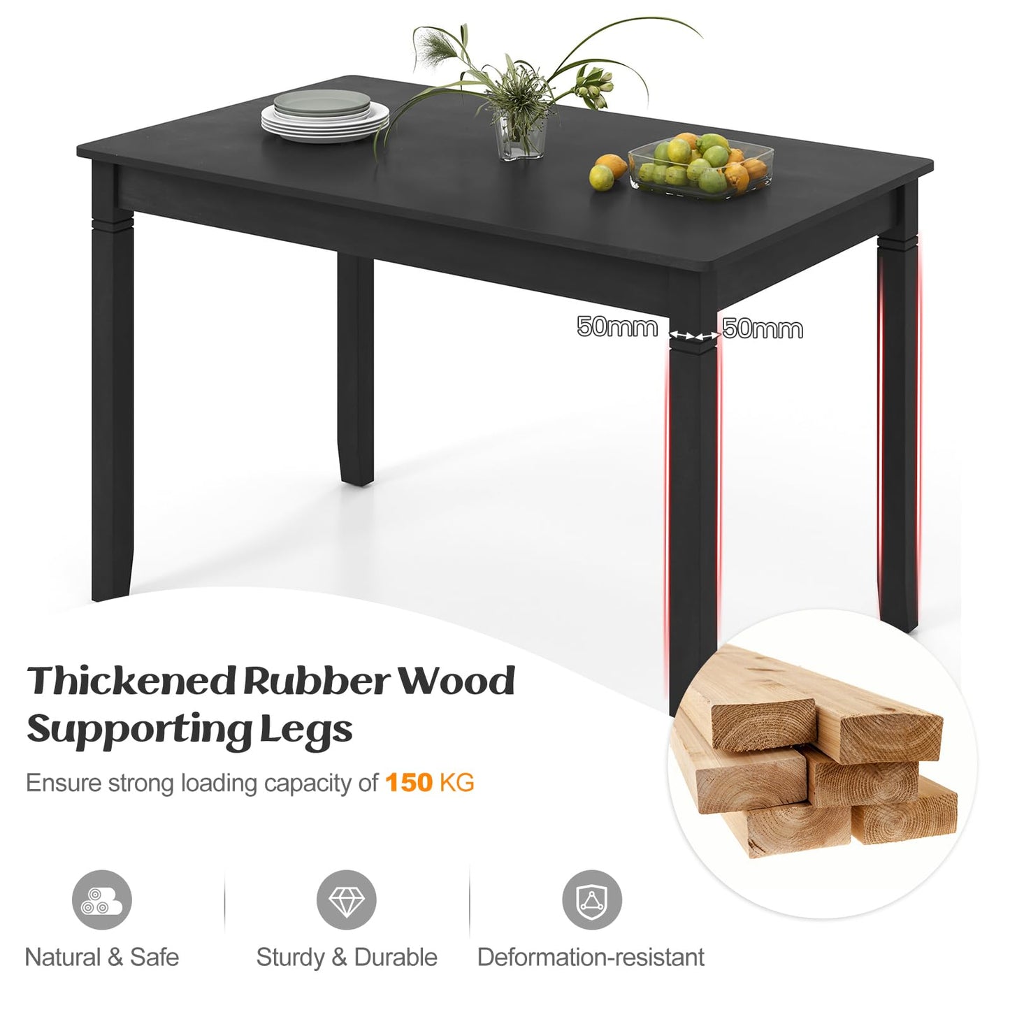 Wooden Rectangular Dining Table with Rubber Wood Legs for 4 People