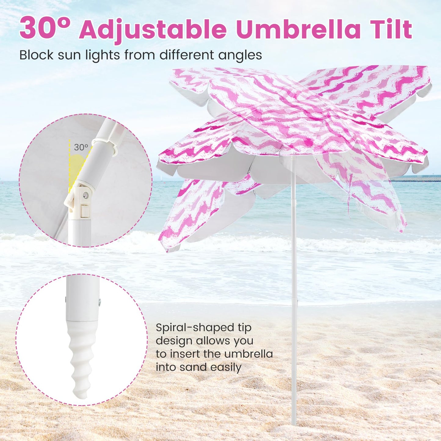4 Pieces Beach Umbrella Set with 2 Foldable Chairs and Picnic Blanket