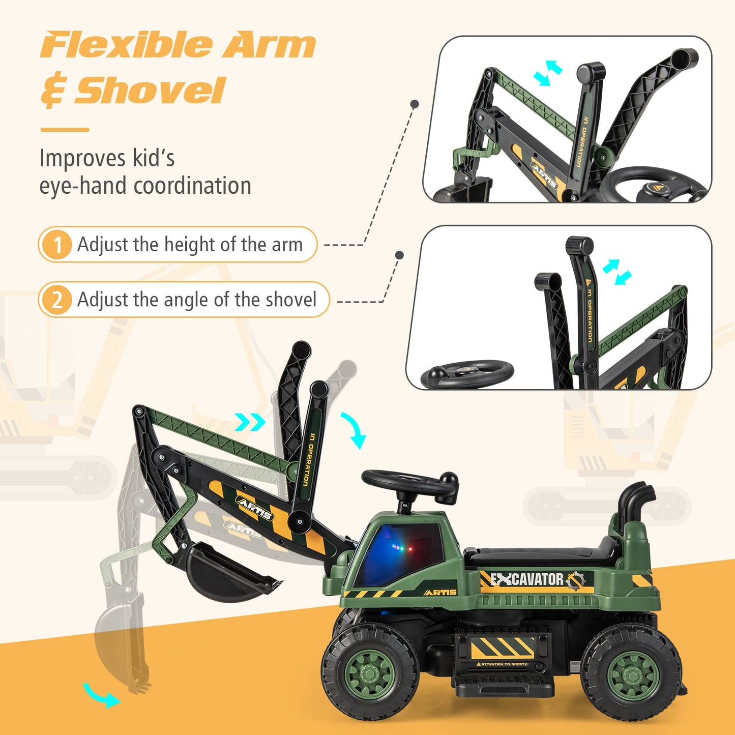 Kids Ride On Excavator with Rotating Seat and Underneath Storage