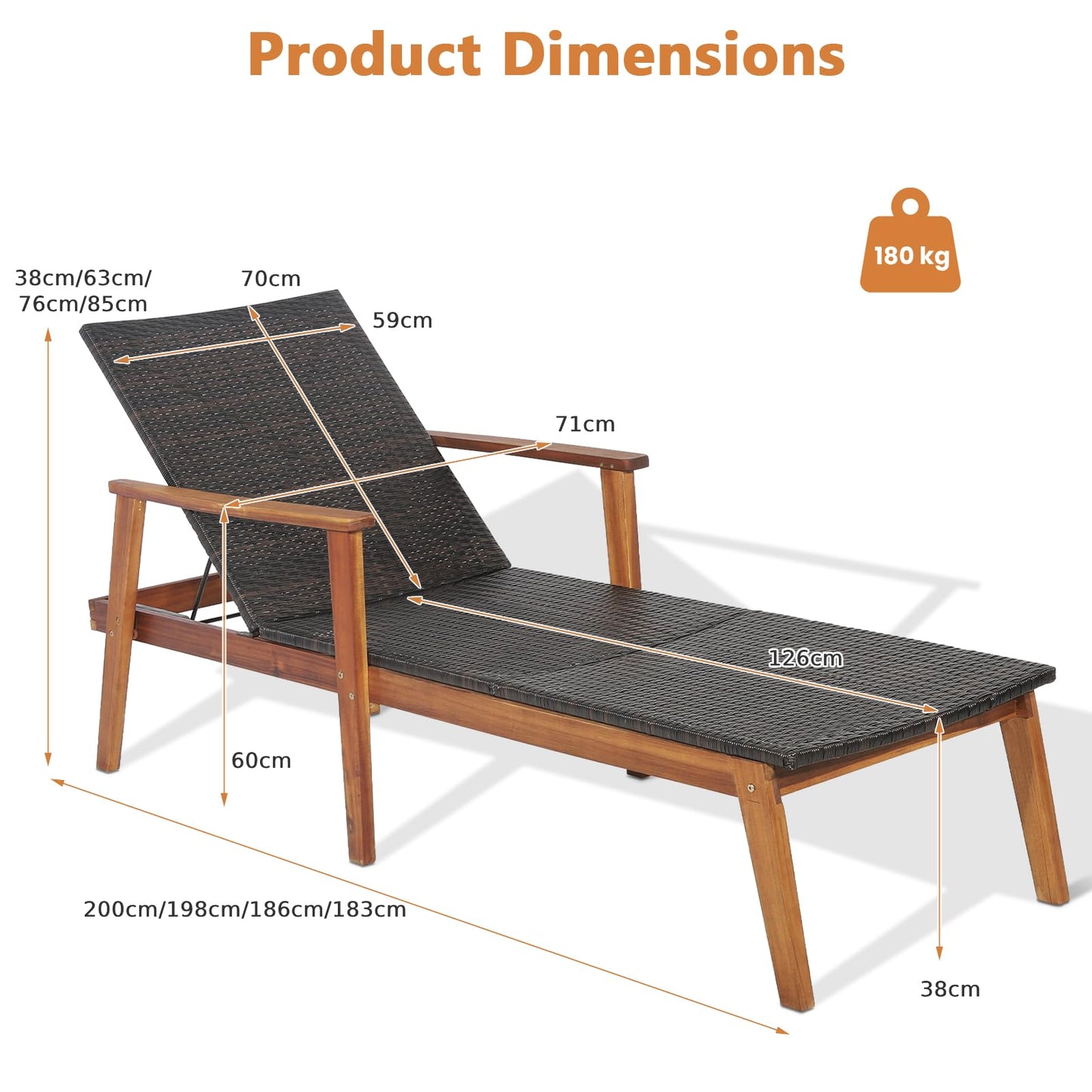 5-Position Adjustable Garden Chaise Lounge Deck Sunbed with Armrests