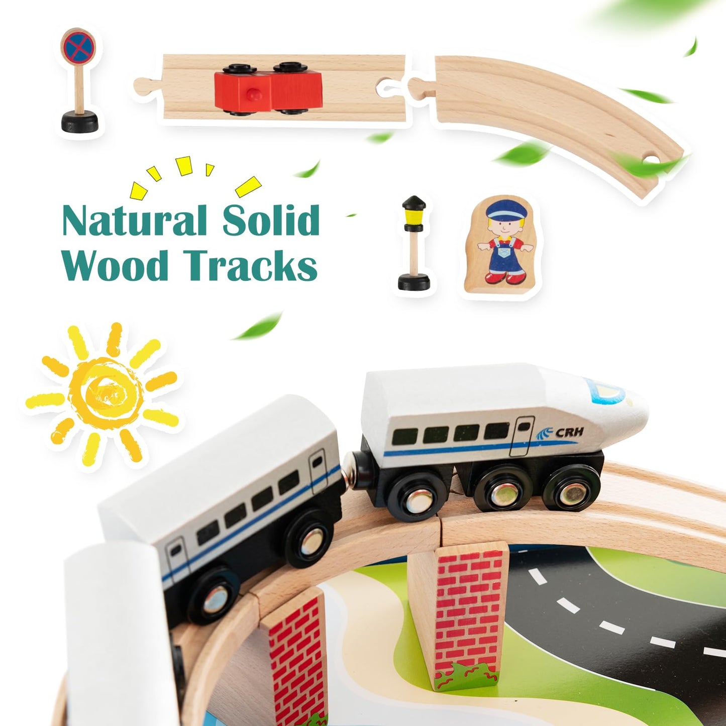 Train Track Set and Table, Wood Kids Play Tables with Abundant Accessories, DIY Railway Activity Playset for Boys Girls