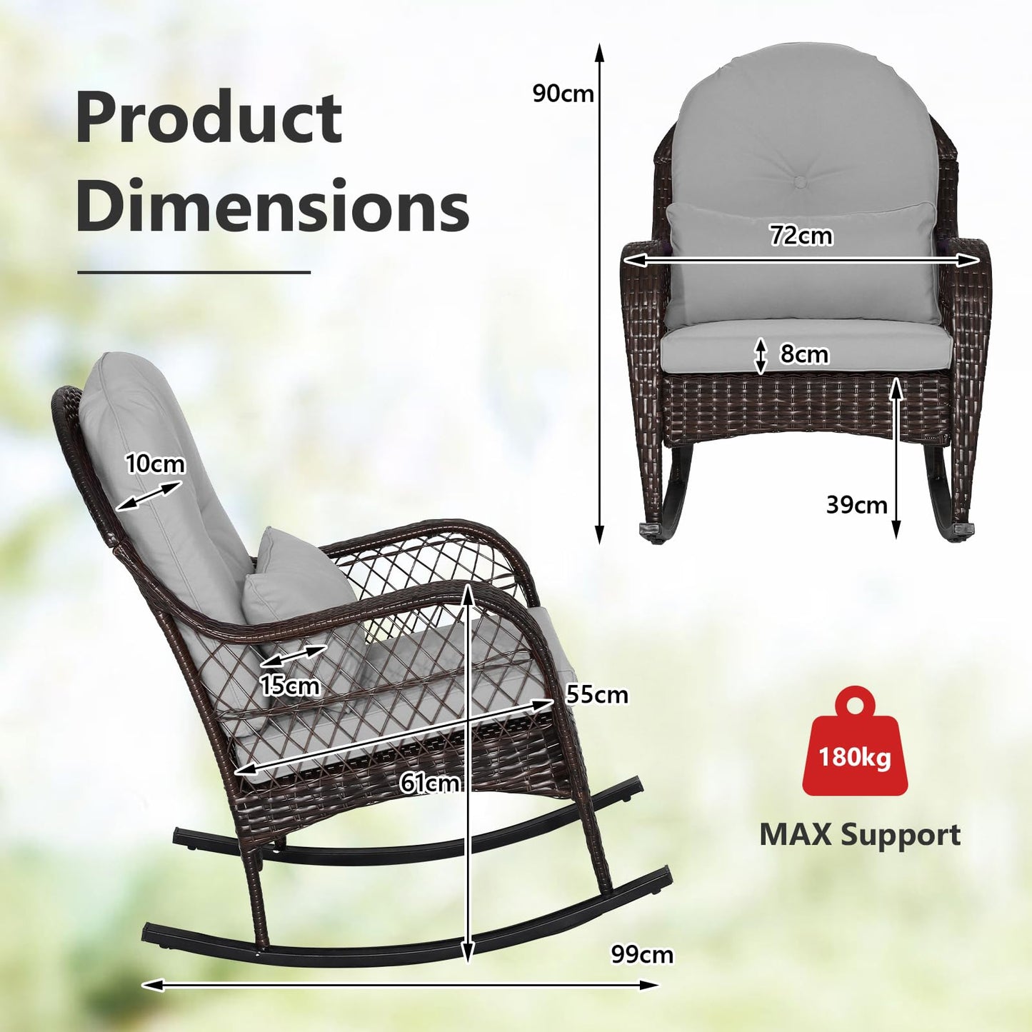 Wicker Rocking Armchair Relax Rocker Lounge Chair with Lumbar Pillow & Cushion