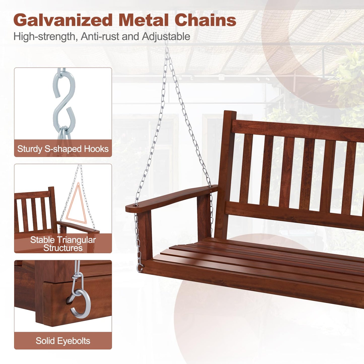 2/3 Person Wooden Outdoor Porch Swing with Adjustable Upper Chains