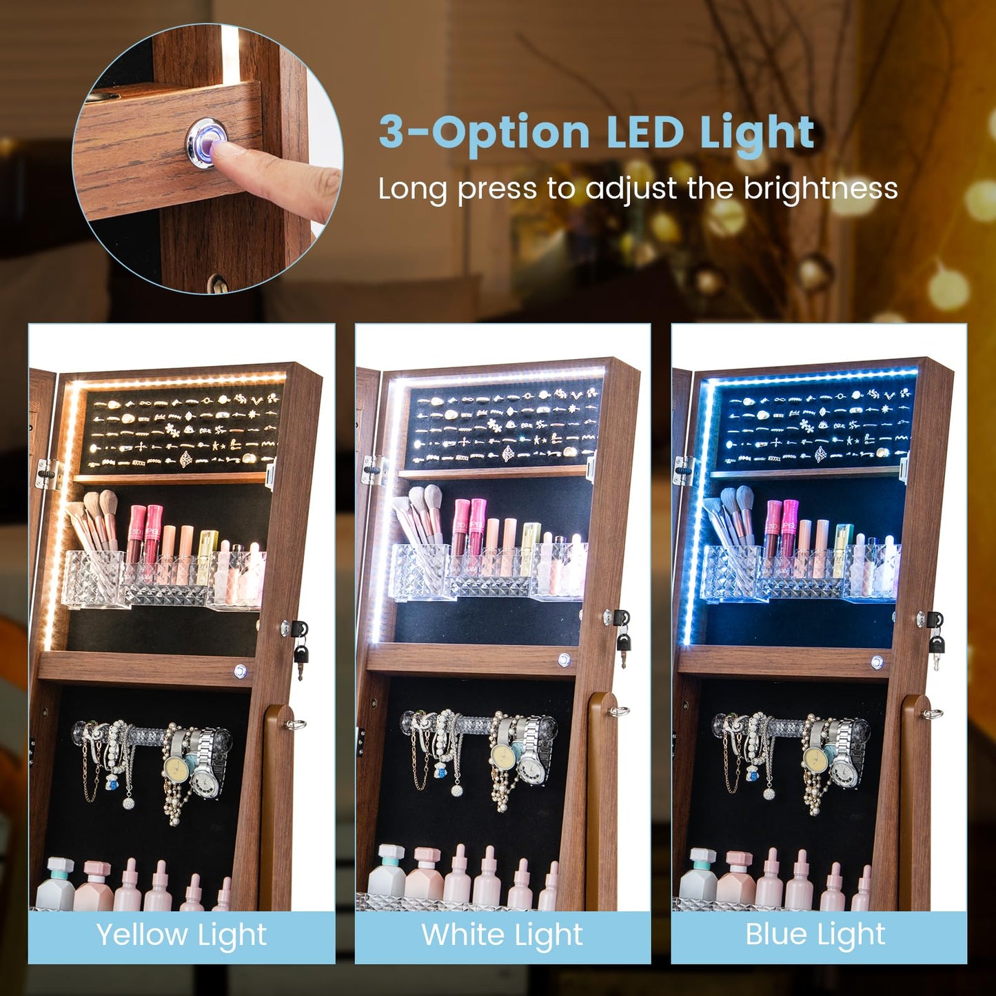 Standing Jewelry Cabinet with LED Lights Lipstick Box and 2 Drawers