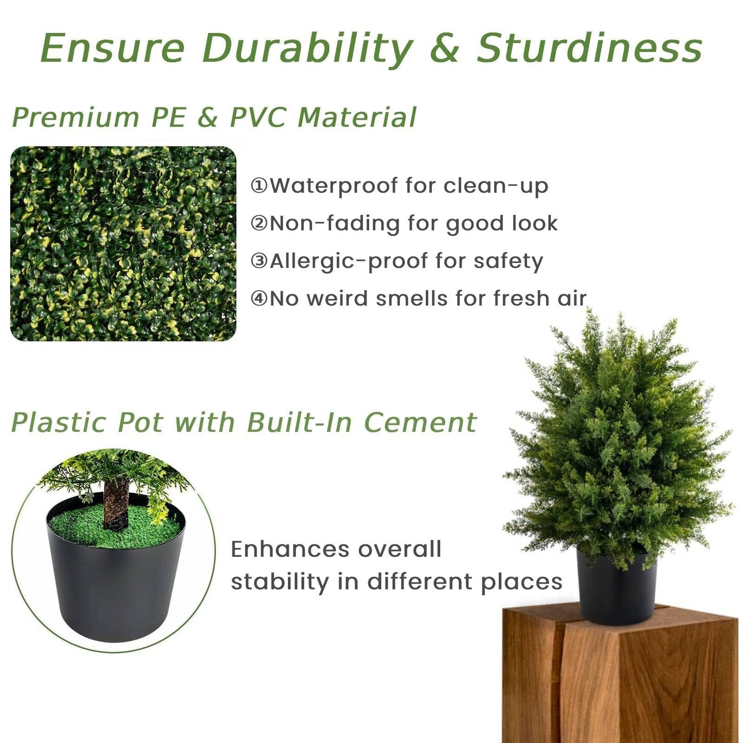 Set of 2 Artificial Cedar Topiary Ball Trees with Cement Pot