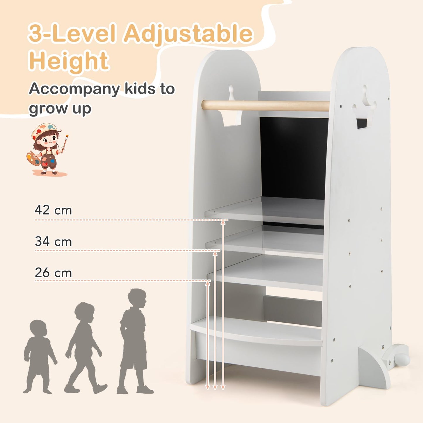 3 Heights Adjustable Kitchen Stand Helper with Double-sided Chalkboard