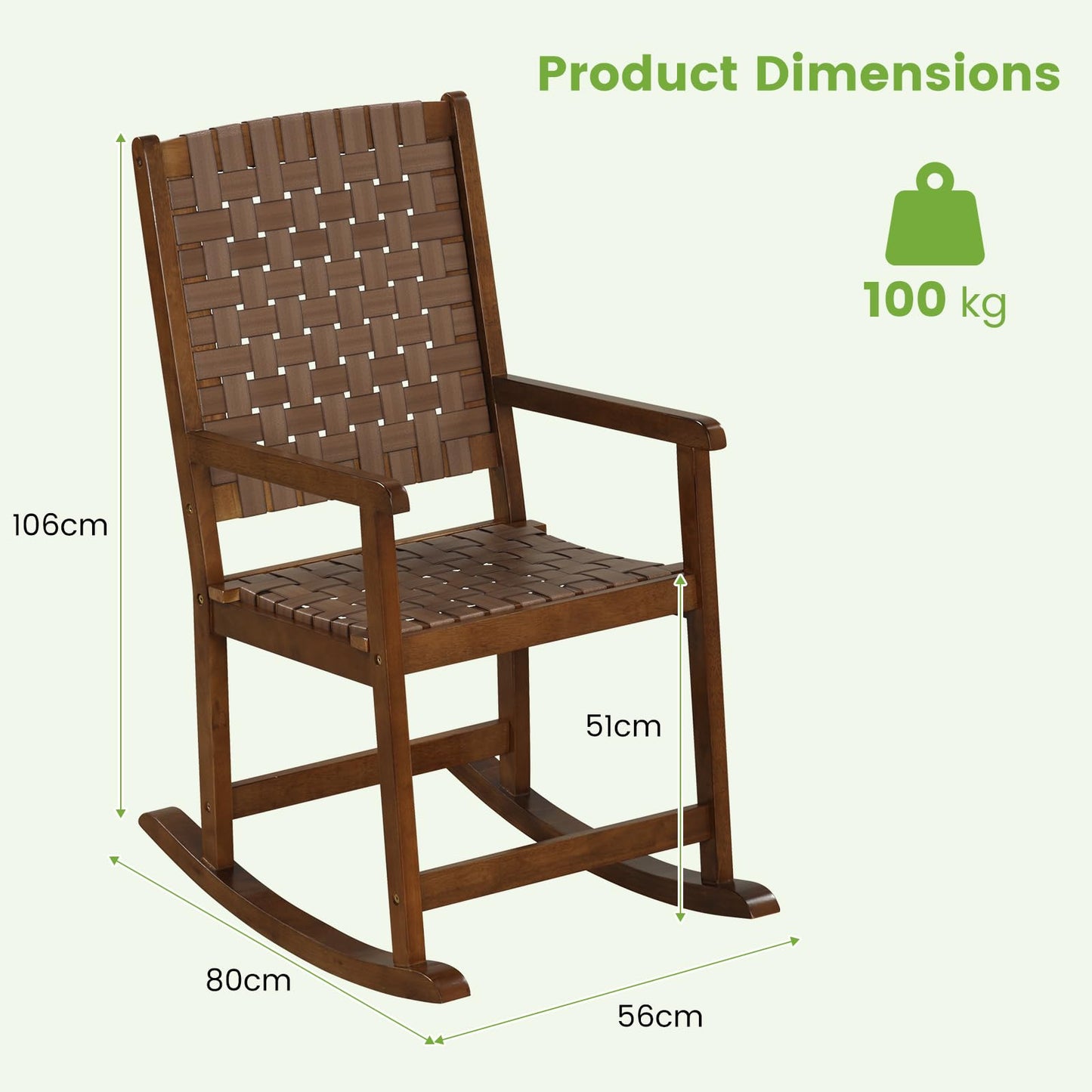 Wood Rocking Chair with PU Seat and Rubber Wood Frame for Porch Backyard Balcony