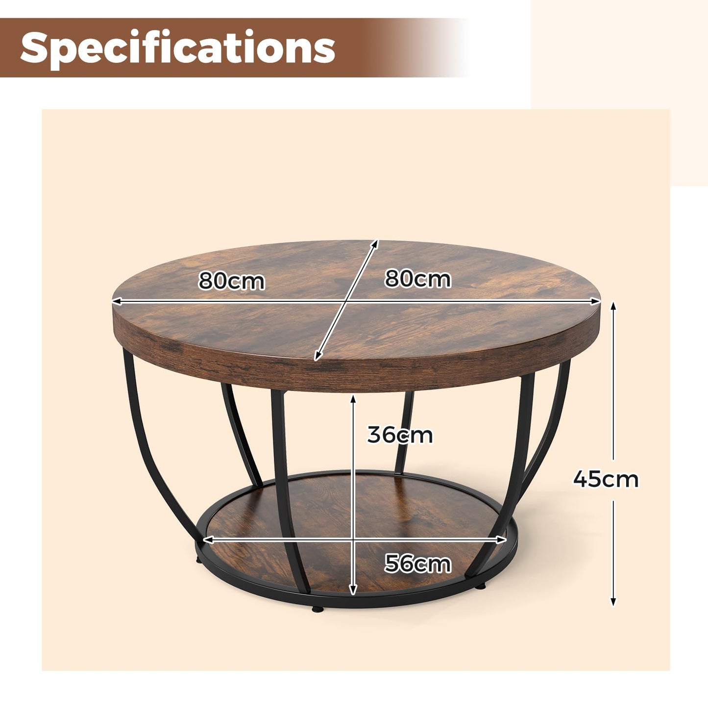 2-Tier Metal Frame Industrial Accent Cocktail Center Unit Sofa Side Tea Table
