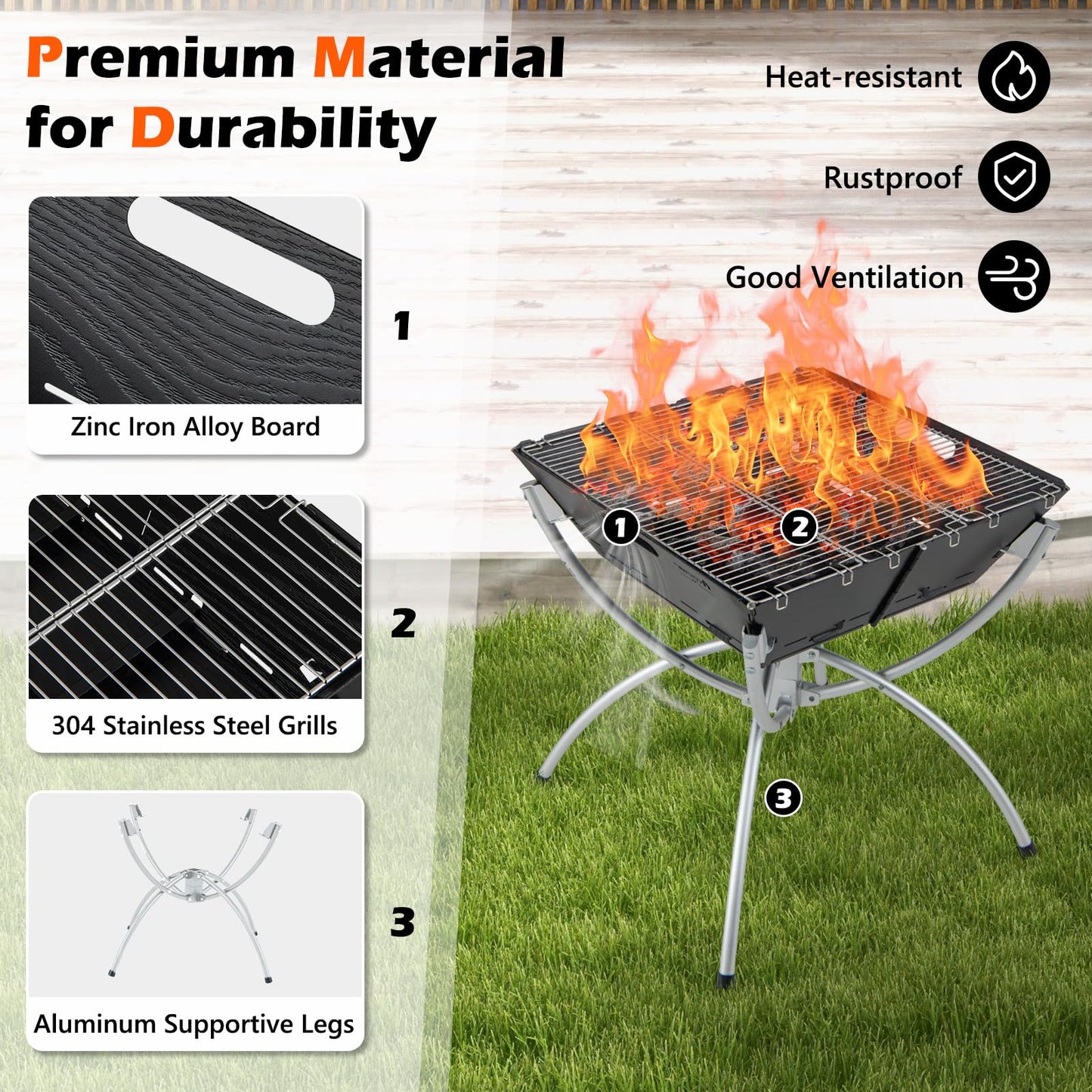 3-In-1 Stainless Steel Portable Campfire Grill with Cooking Grills