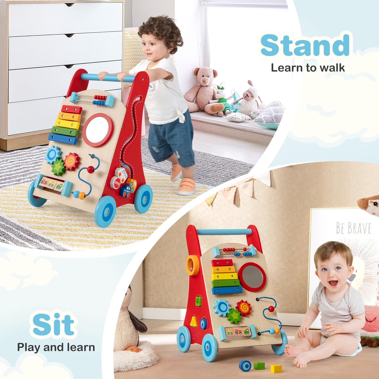 Wooden Baby Walker Learning Activity Walker with Mirror and Wheels