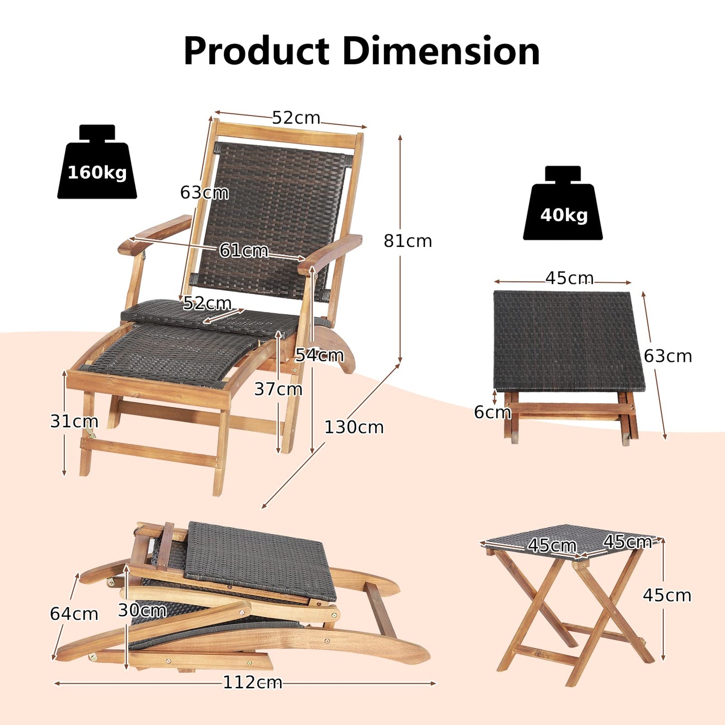 Folding Sun Lounger with Retractable Footrest & Wicker Side Table