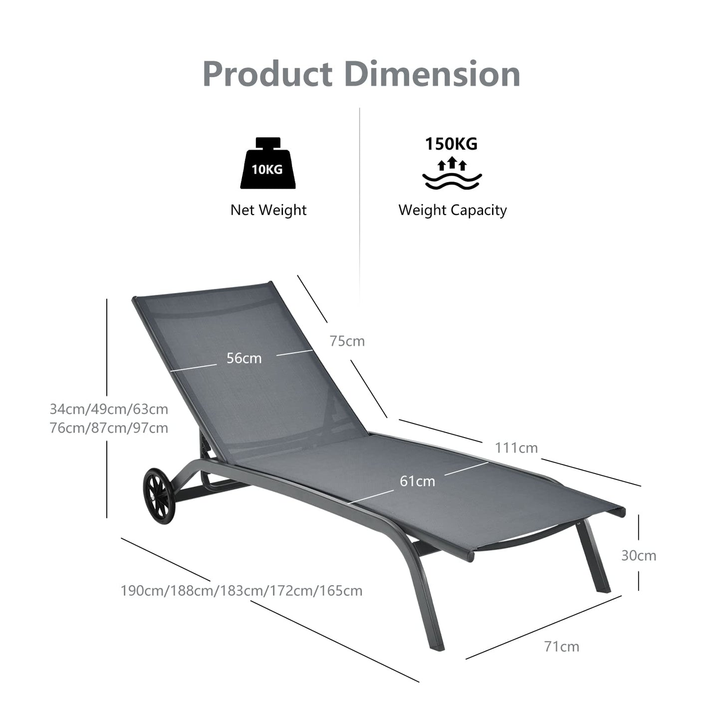 6 Positions Adjustable Chaise Lounge Deck Sunbed