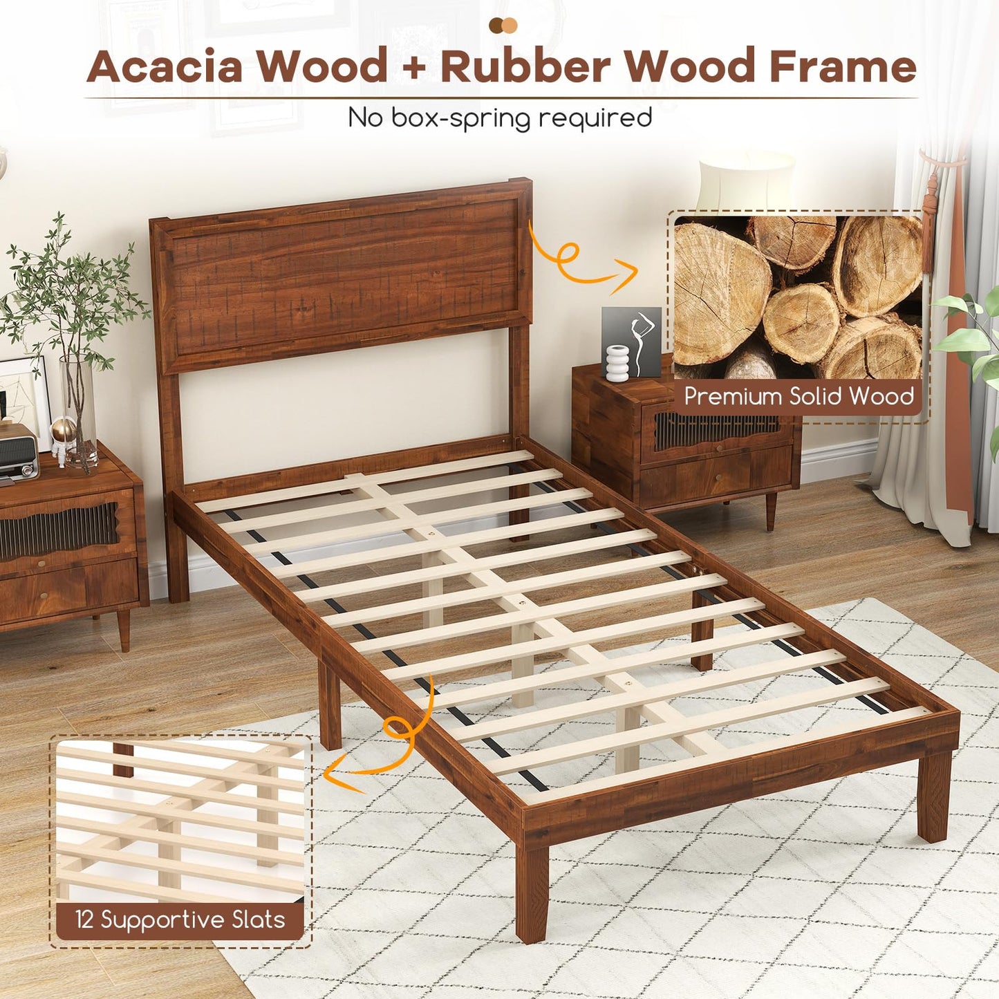 Bed Frame with Headboard and Slats Support
