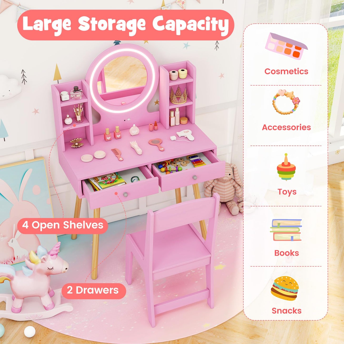 Kids Princess Vanity Desk Set with 2 Color LED Lighted Acrylic Mirror