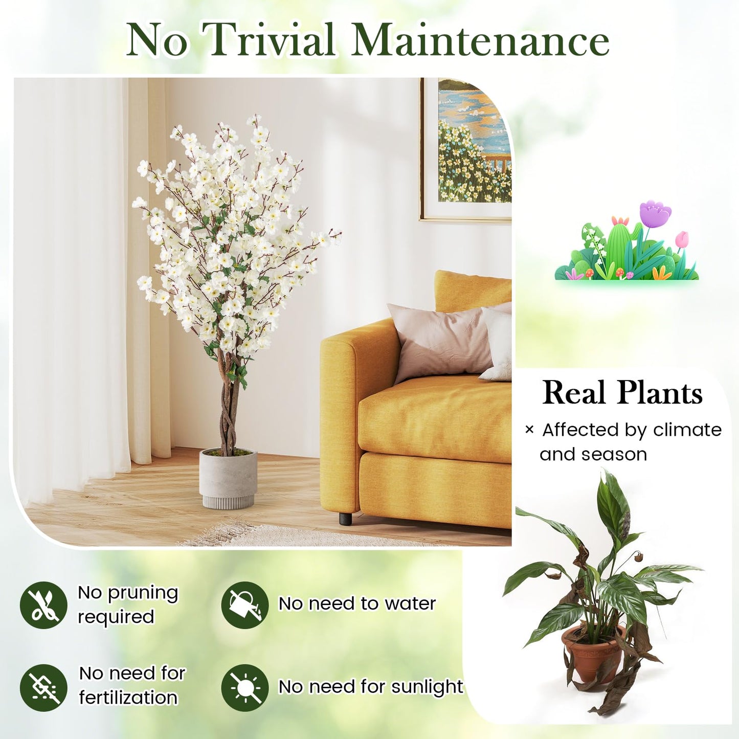 120CM Artificial Winter Sweet Tree with White Fabric Flower and Realistic Moss