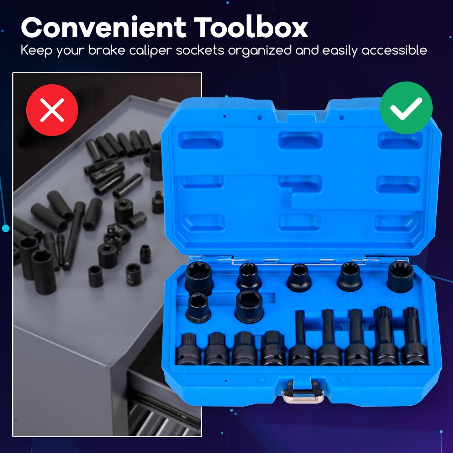 16pcs Impact Brake Caliper Socket Set with Engines and Hubs of Most Car Brands