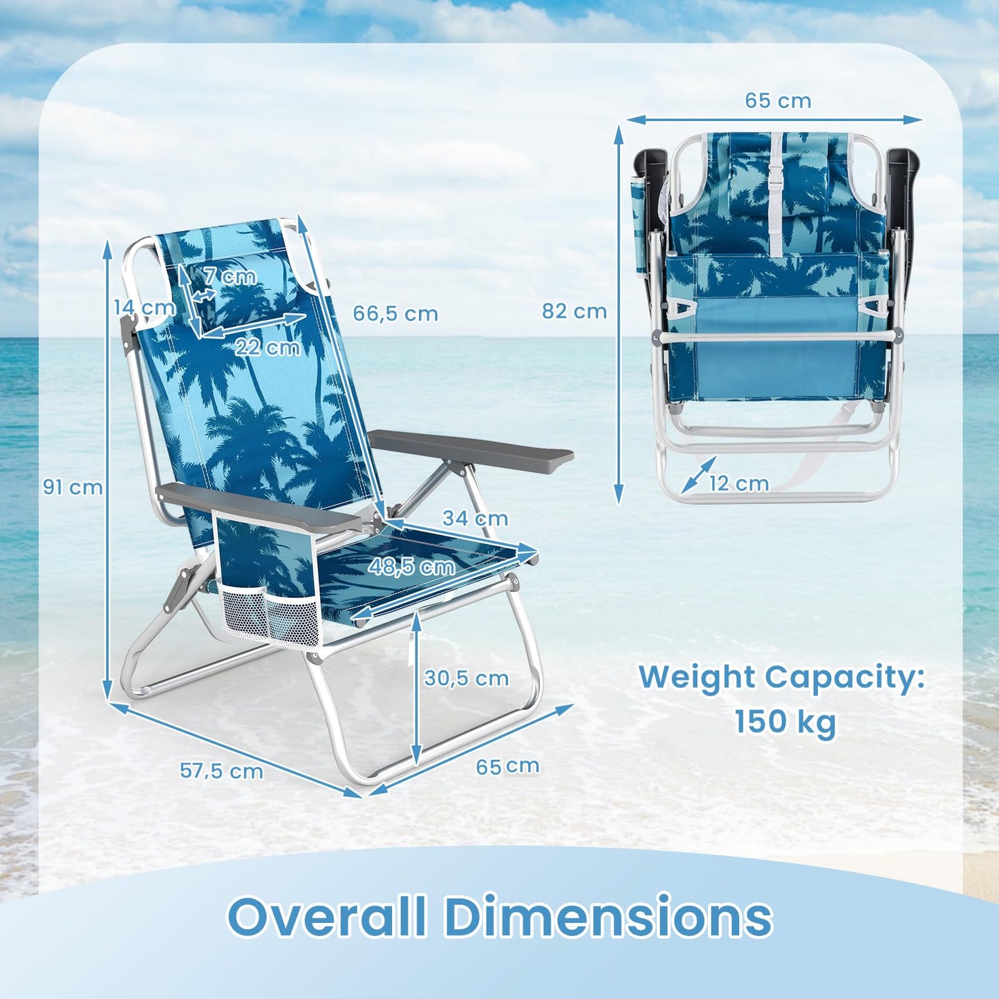 2-Pack Beach Chairs 5-Position Adjustable Folding Chair with Towel Bar
