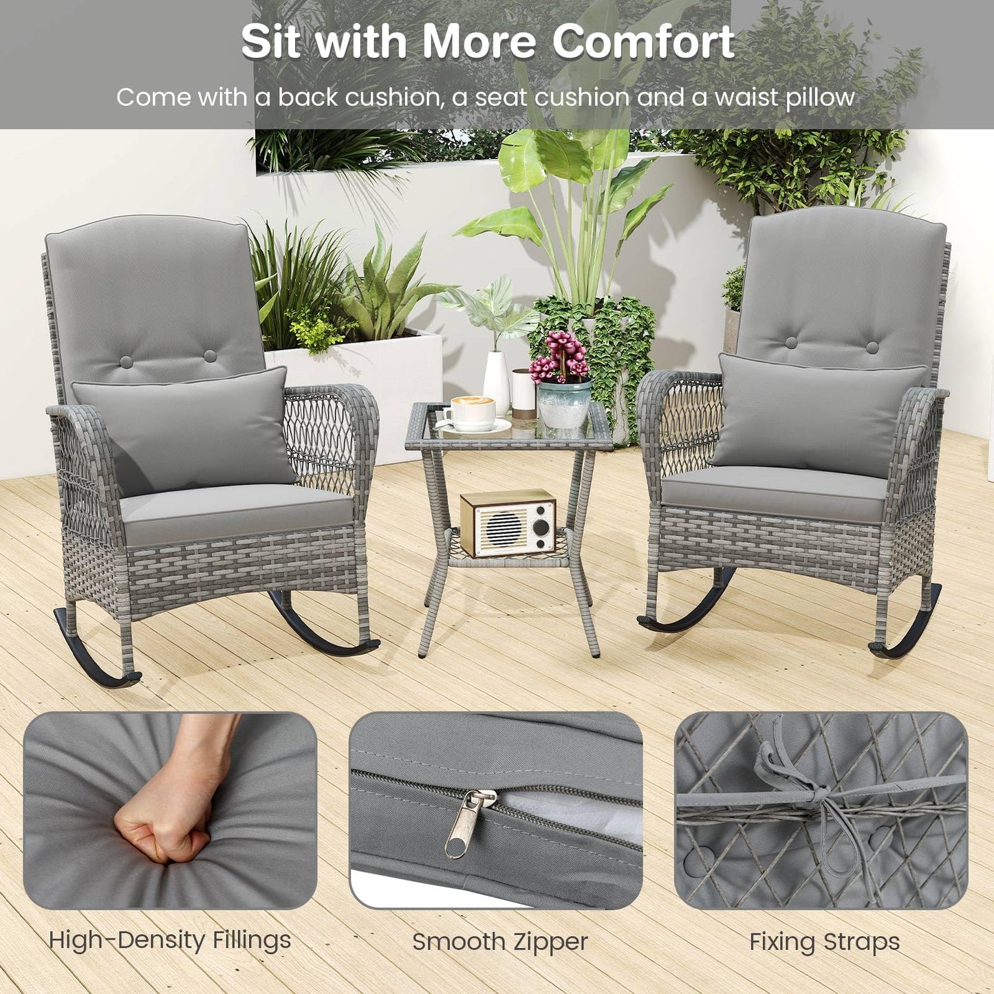 3 Piece Outdoor Rocking Chair Set with Cozy Cushions and Pillow