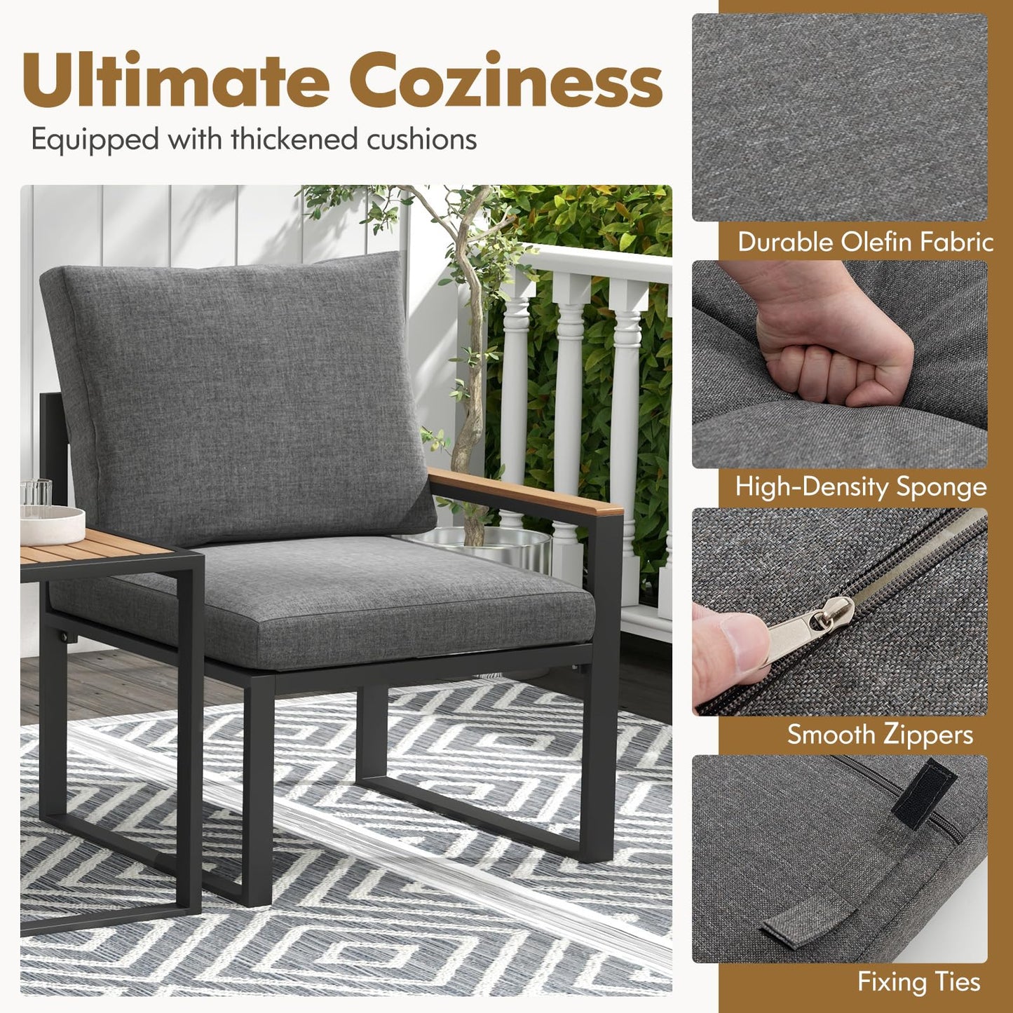 3-Piece Aluminum Frame Garden Conversation Furniture Set with Removable Cushions