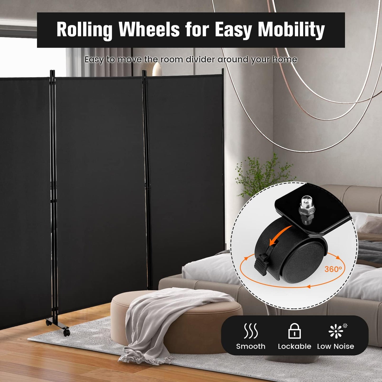 3-Panel Folding Room Divider with Wheels for Living Room Bedroom