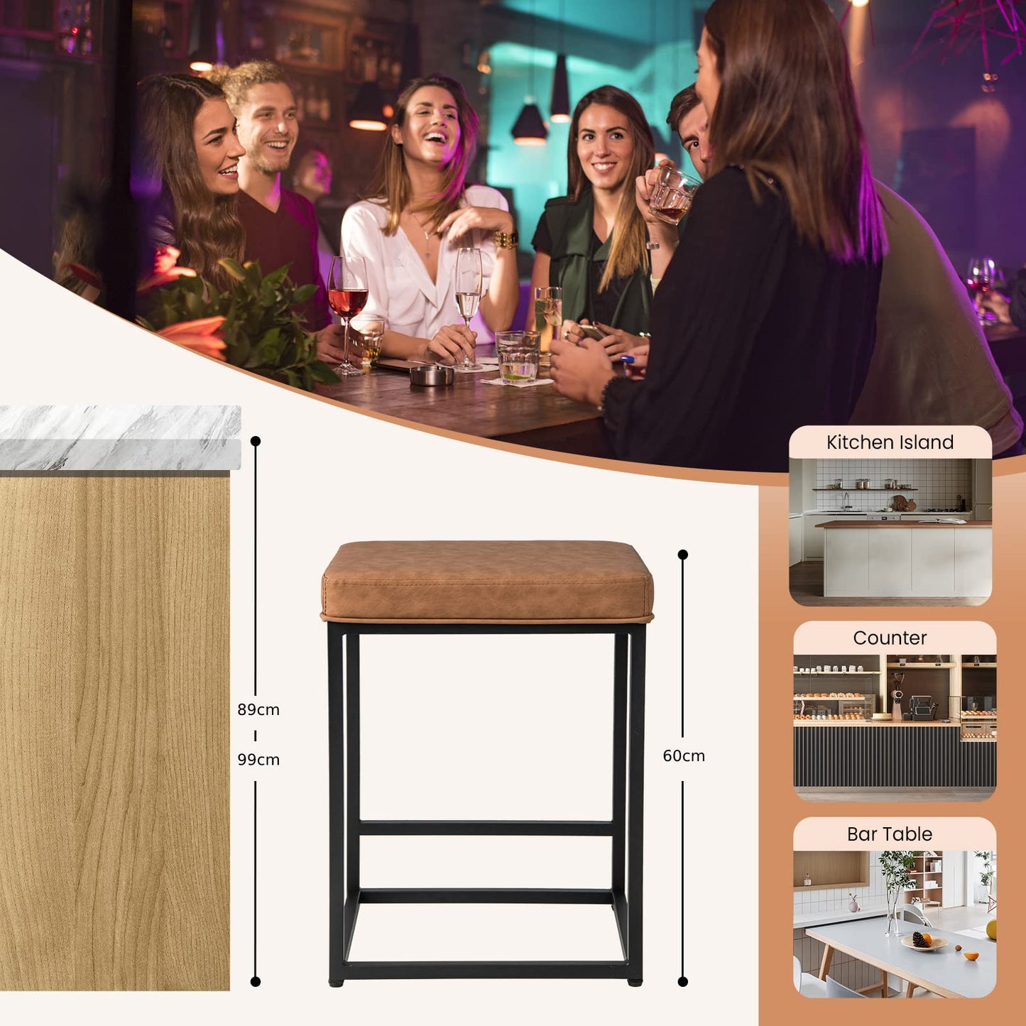 Bar Stools Set of 2 with PVC Leather Cushion