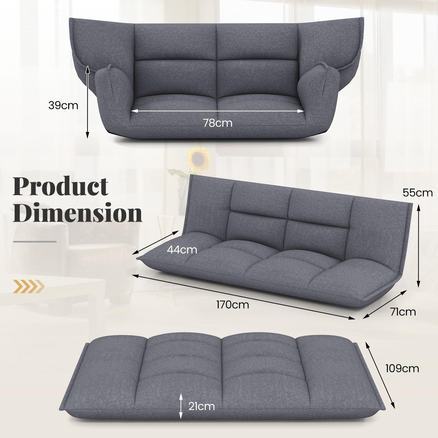 Floor Sofa Chair with 5-Postion Adjustable Backrest and Armrests