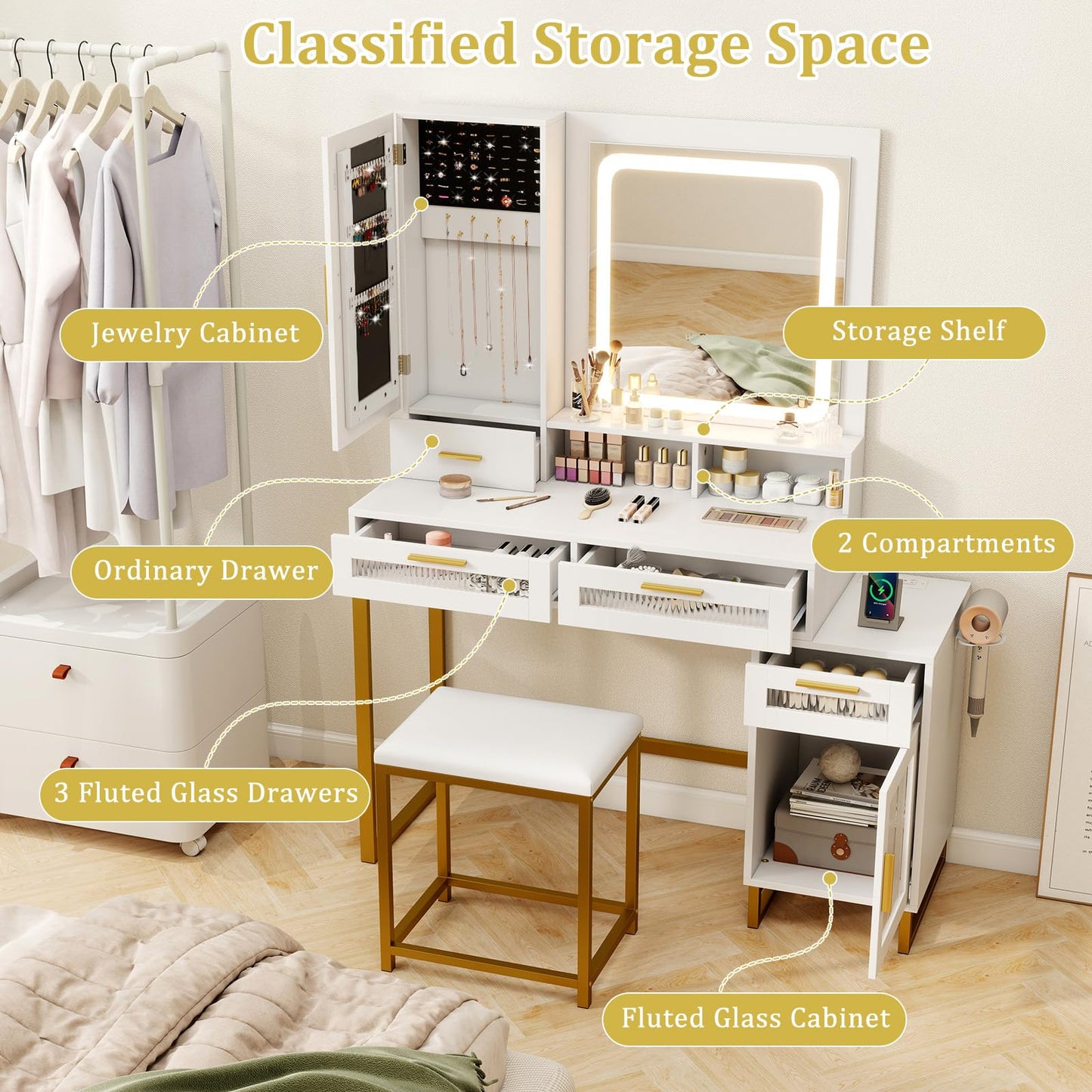 Dressing Table and Chair Set with 3 Lighting Modes and Adjustable Brightness