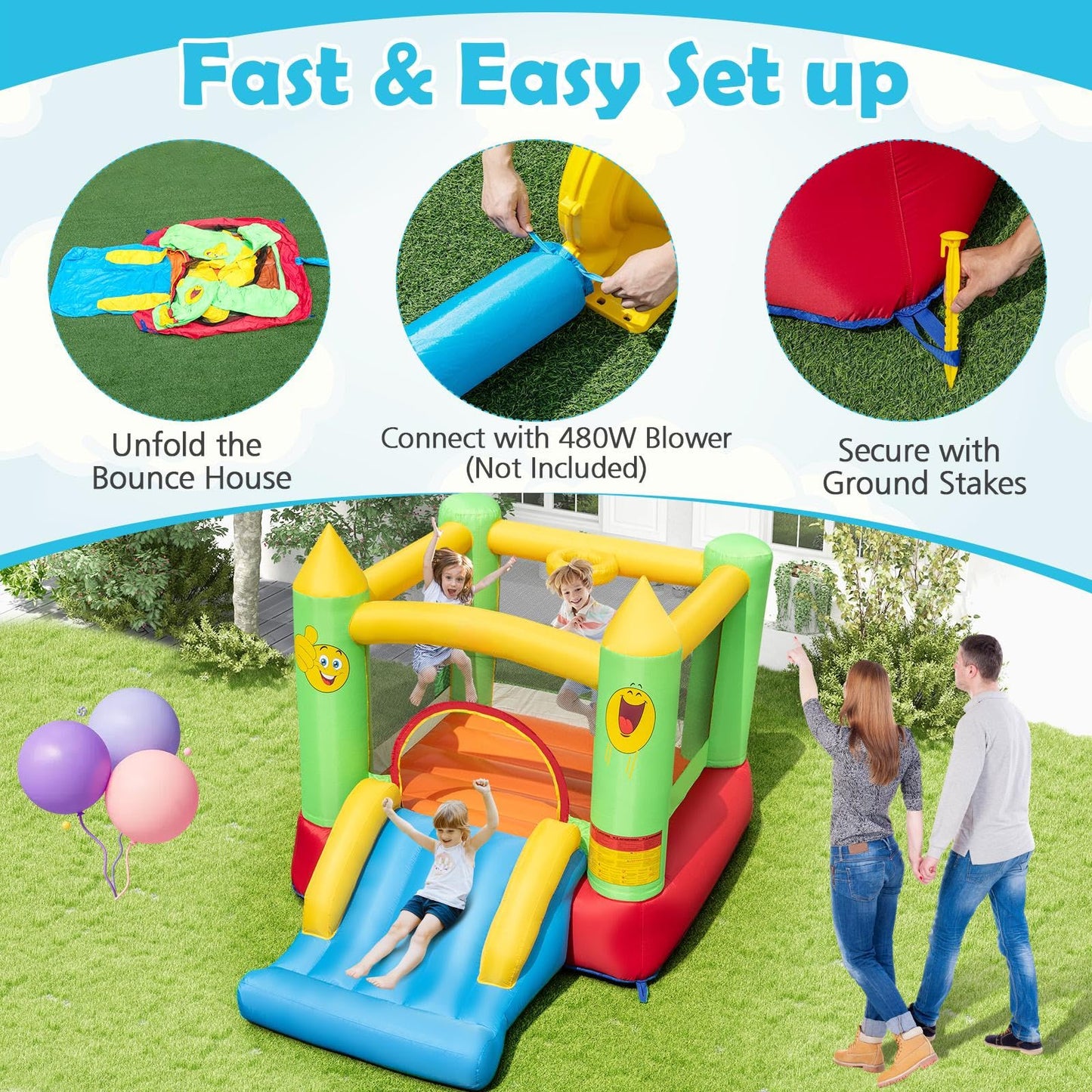 Kids Smiley Face Theme Inflatable Bounce House with Slide and Basketball Hoop (without Blower)