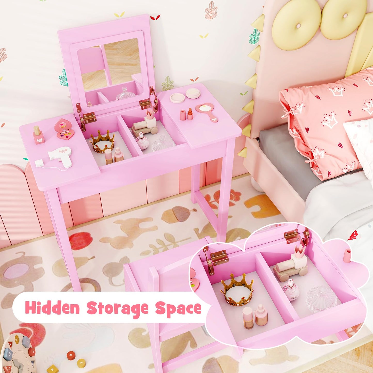 2 in 1 Kids Vanity Table and Chair Set with Flip Top Mirror Hidden Storage