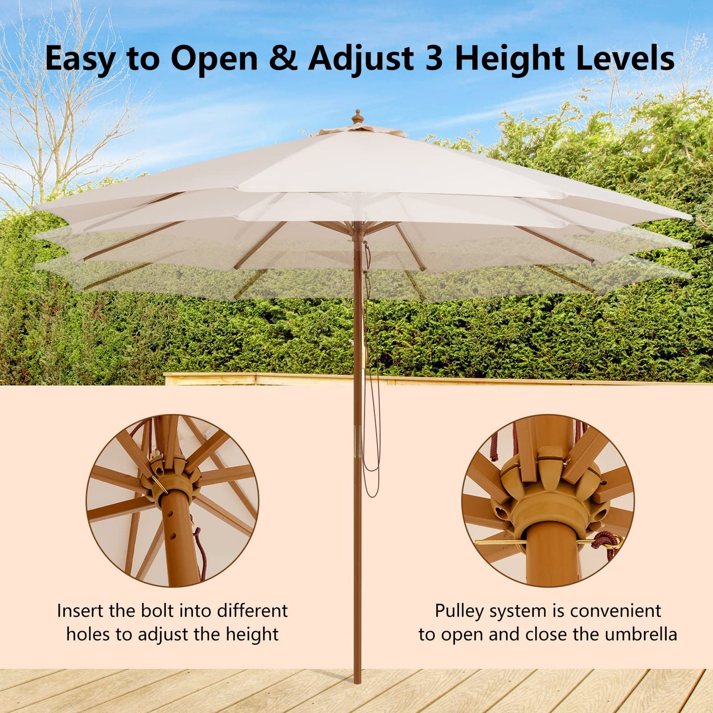 Pulley Operated Wood Patio Umbrella with 3 Gear Position and 8 Ribs
