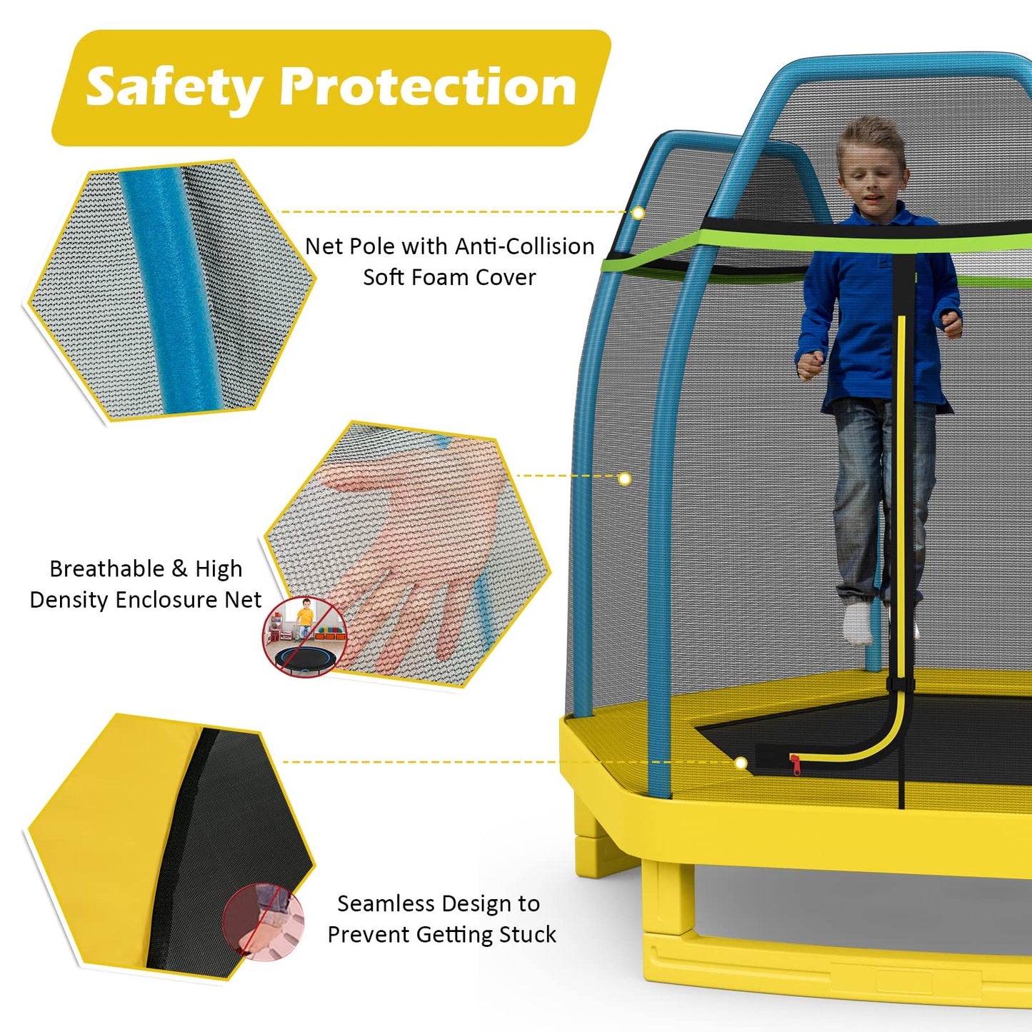 7ft Kids Trampoline Heavy Duty Hexagonal Trampolines with Safety Enclosure Net