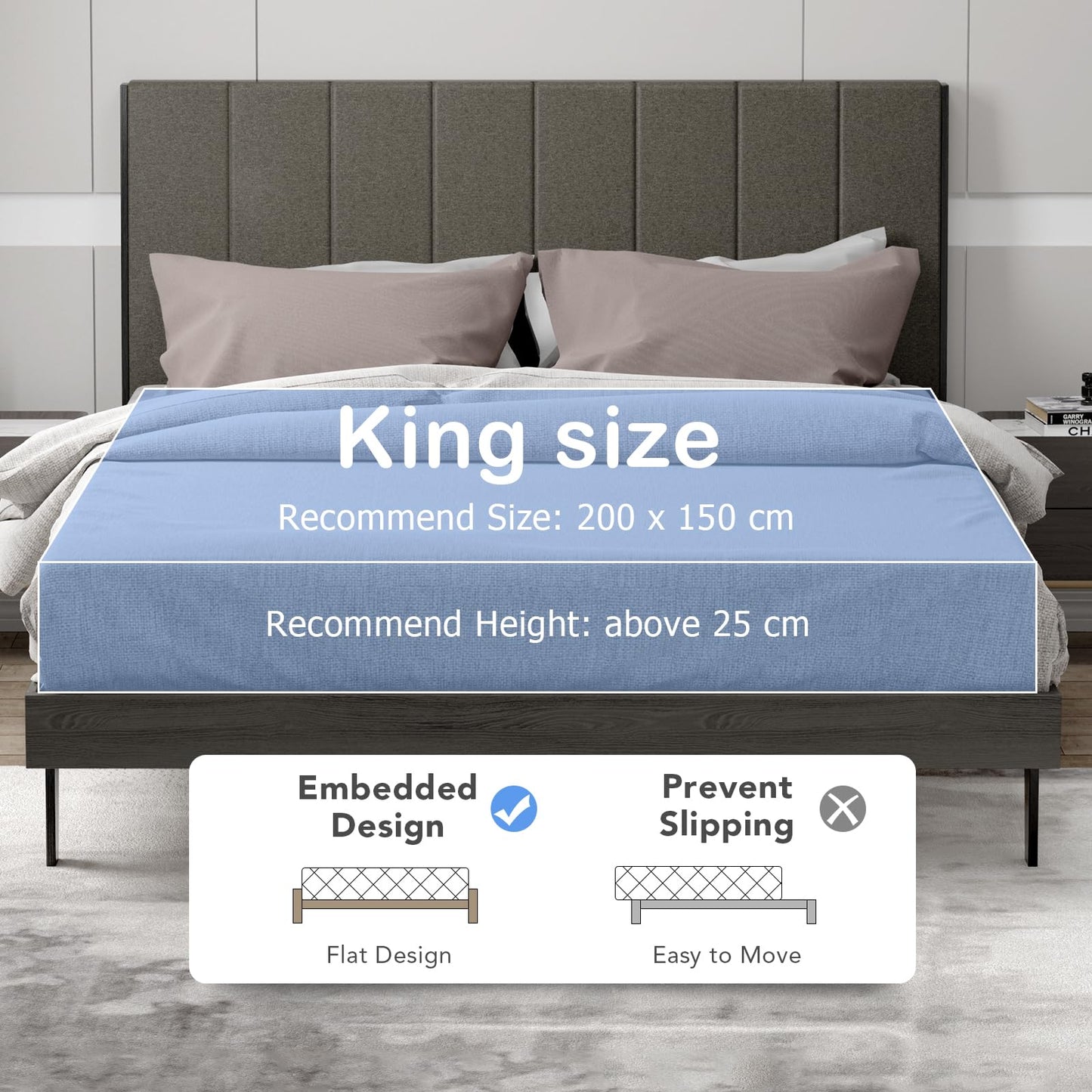 5FT King Size Bed Frame with Channel Tufted Headboard & 20cm Underbed Storage