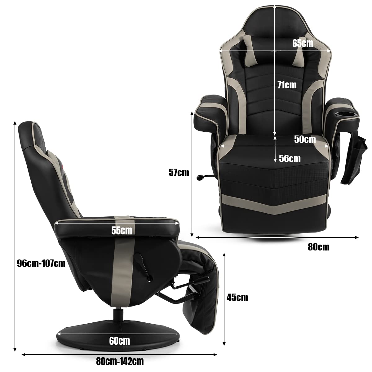 Height Adjustable Swivel Racing Video Massage Gaming Chair with Retractable Footrest