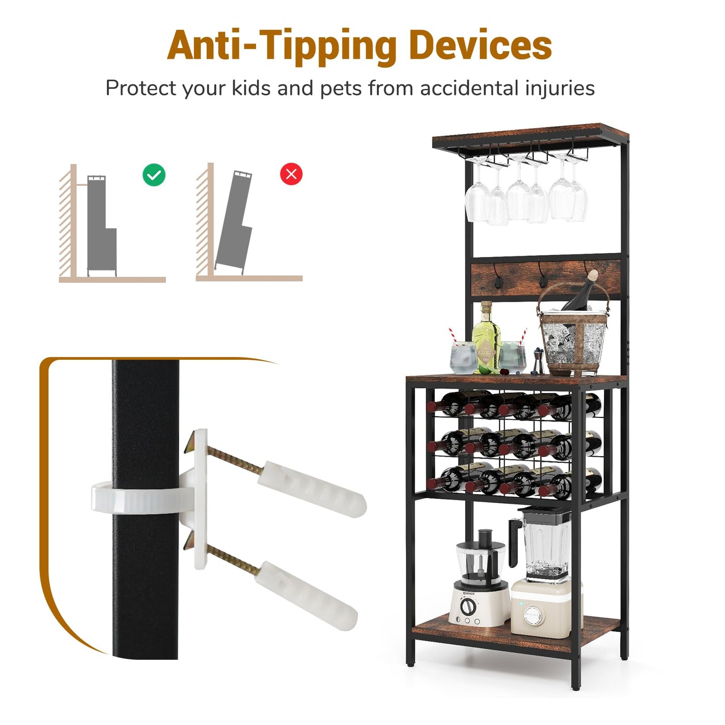 Floor Wine Bar Cabinet with Glass Racks and Wine Bottle Holders