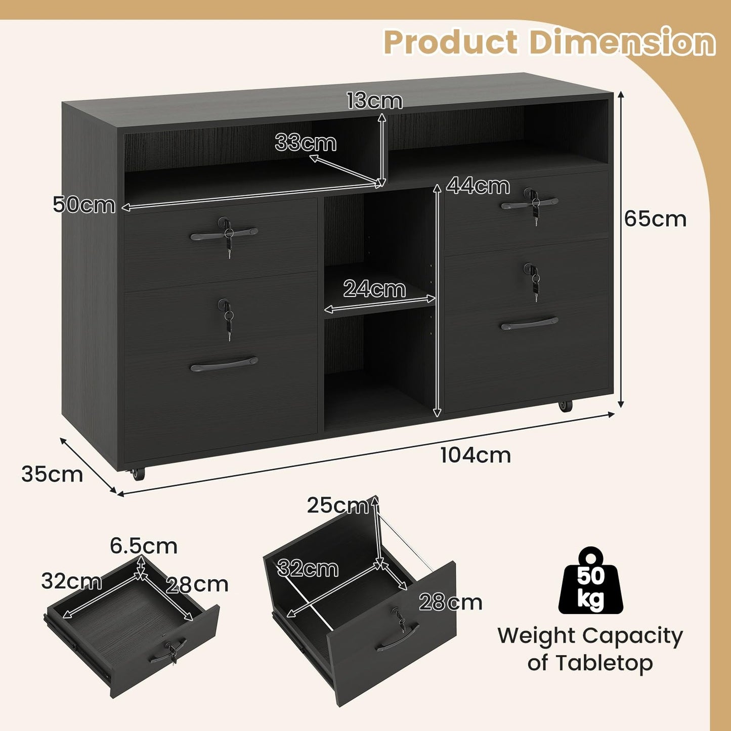 4 Drawers Mobile File Cabinet Storage Organiser Chest with Lock