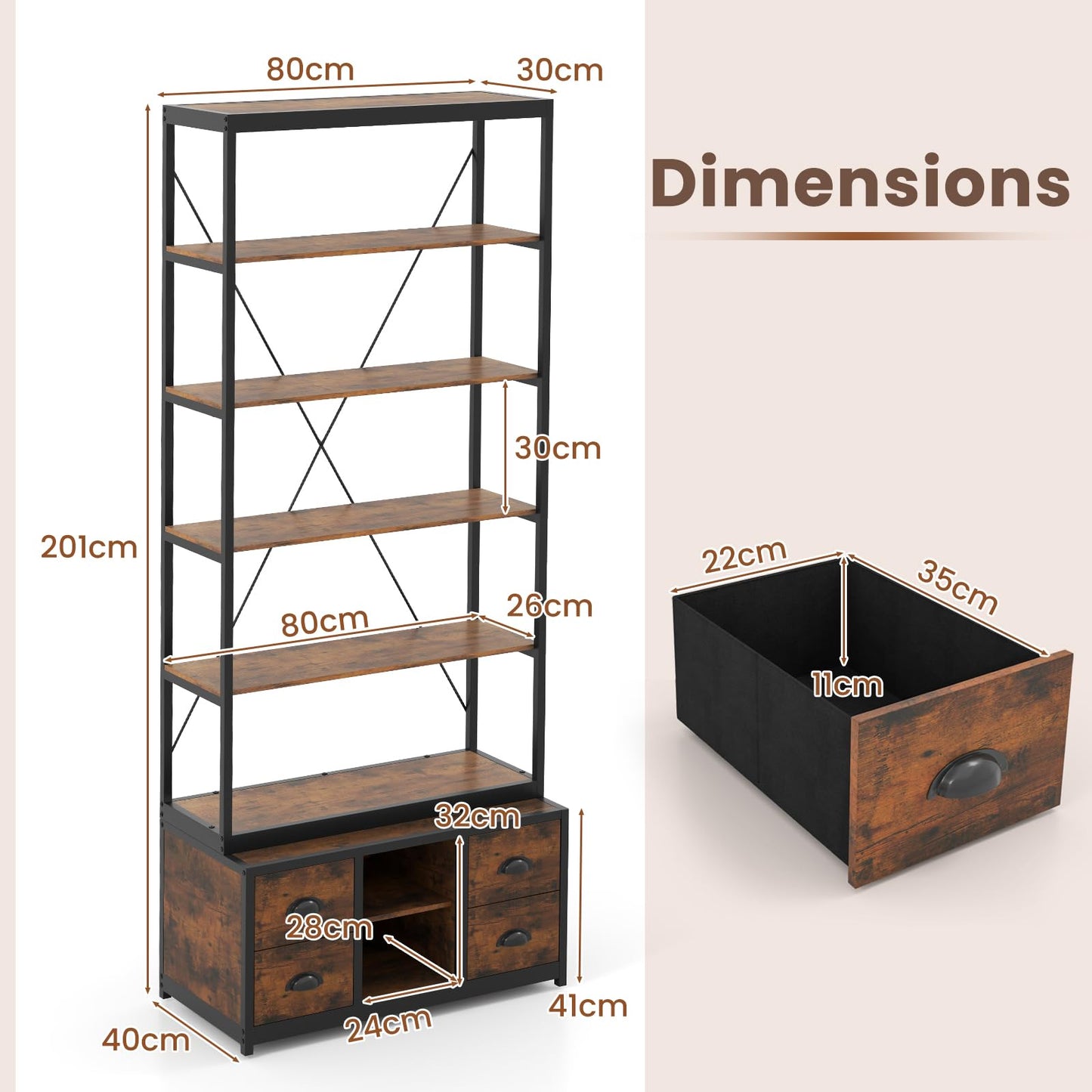 8-tier Bookshelf with Storage and 4 Fabric Drawers