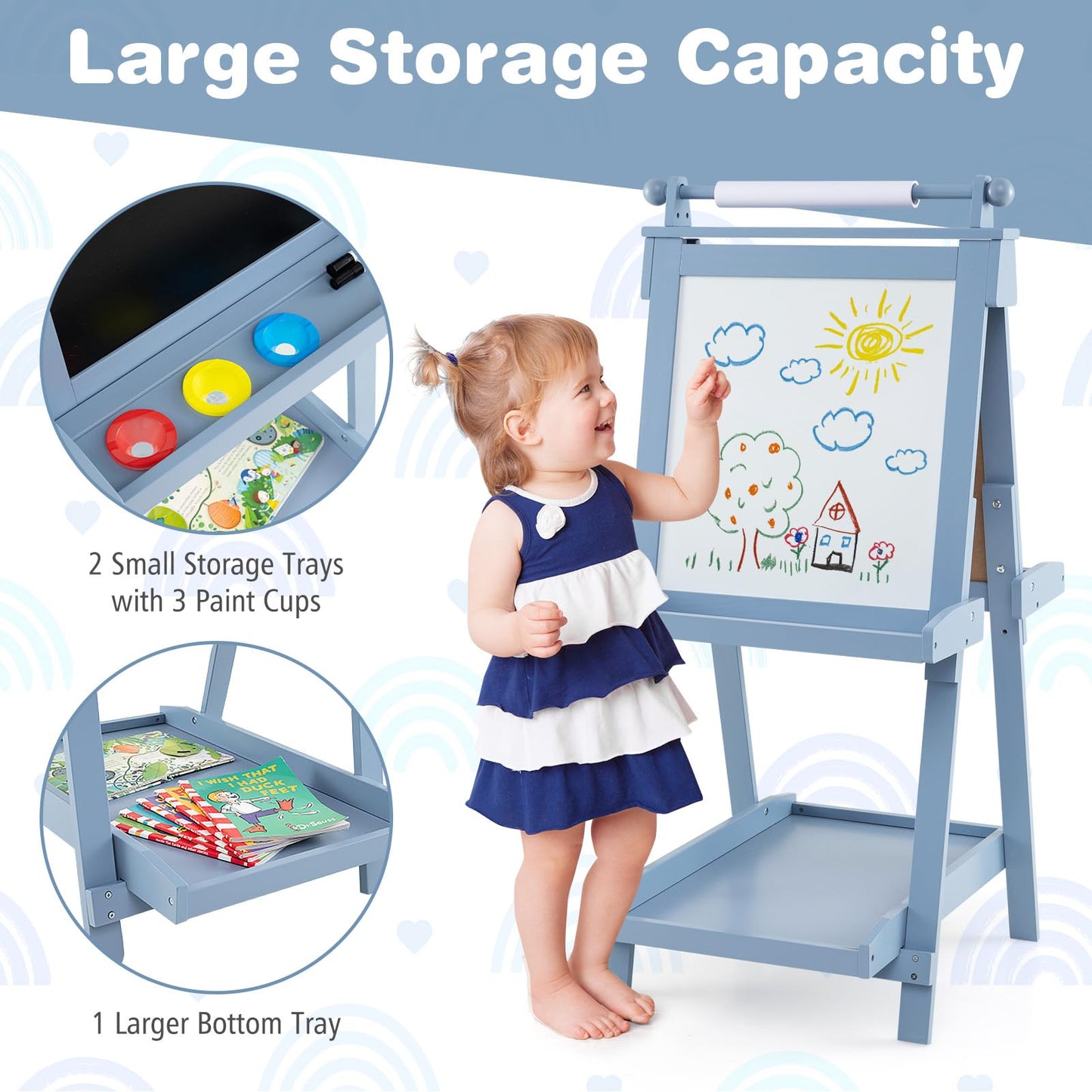 Kids Wooden Art Easel Double-Sided Height Adjustable Children Easel