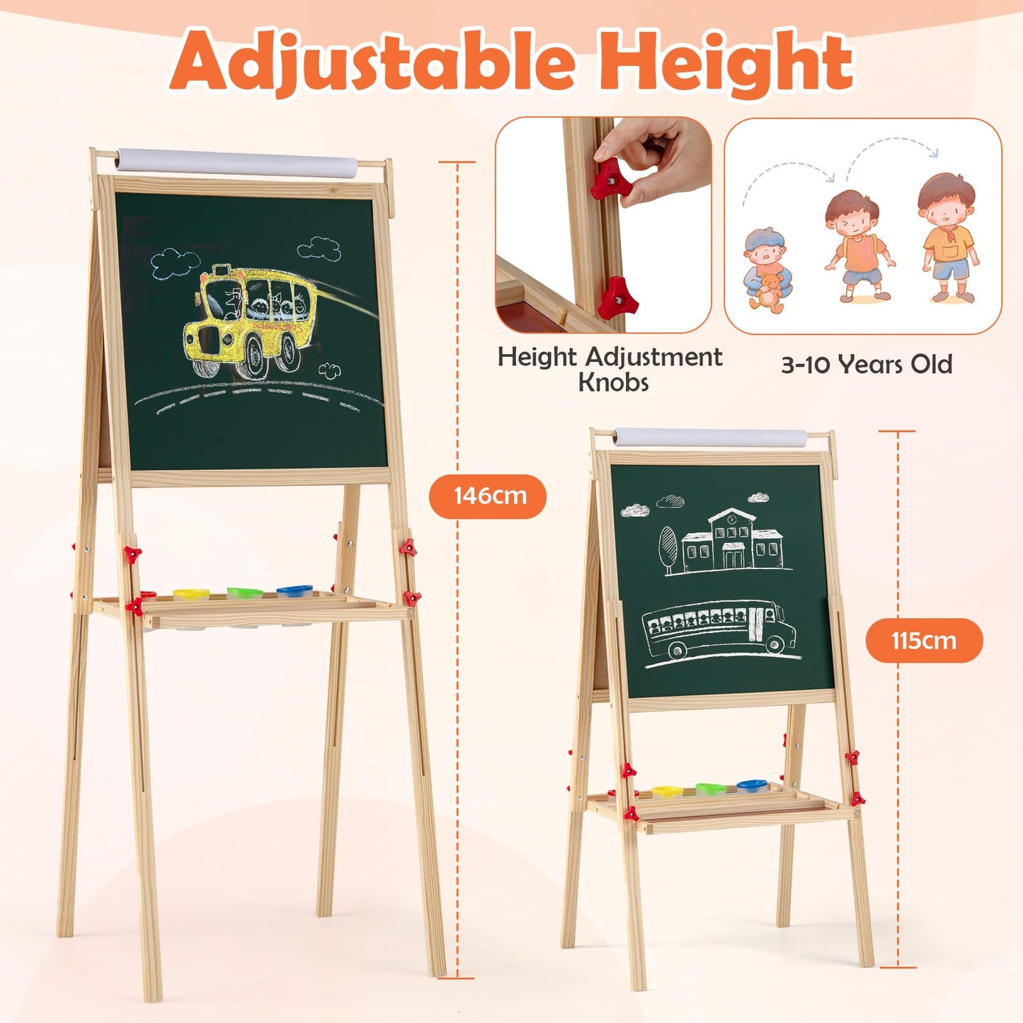 Double sided Height Adjustable Wooden Art Easel for 3 to 10 Yeas Old