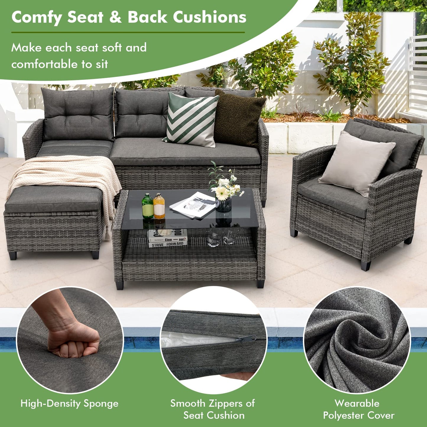 4-Piece All-Weather Outdoor Sectional L-shaped Sofa Set with Coffee Table