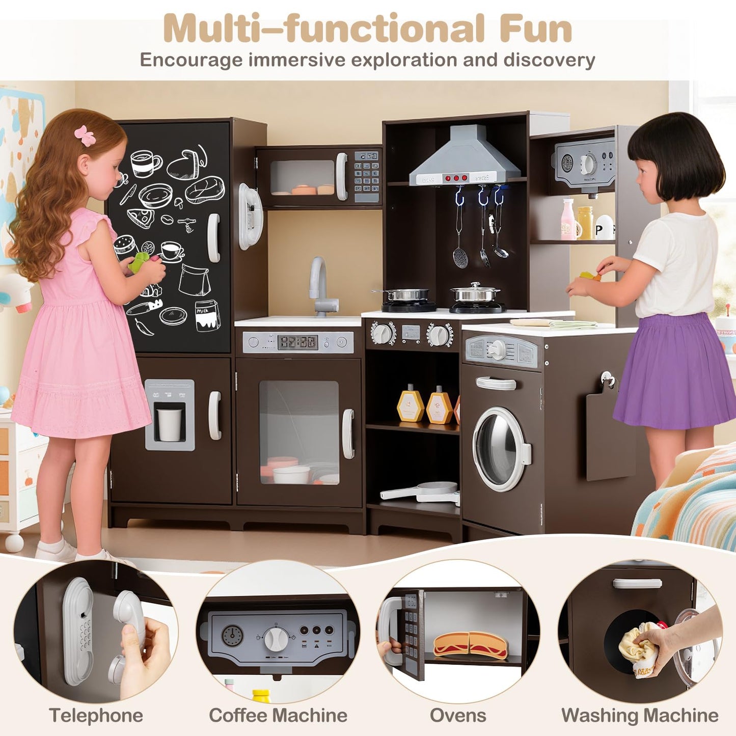 Corner Wooden Play Kitchen with Lights Sounds Toy Kitchen Playset