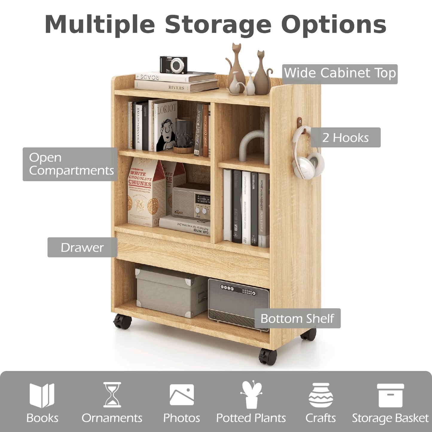 Mobile Storage Cabinet with Drawer and Adjustable Shelves