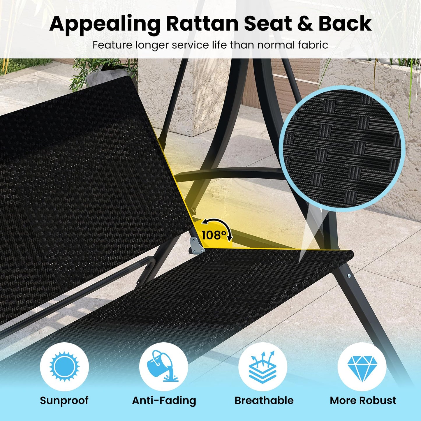 3-Person Porch Swing with Stand Adjustable Canopy Swing with Rattan Seat