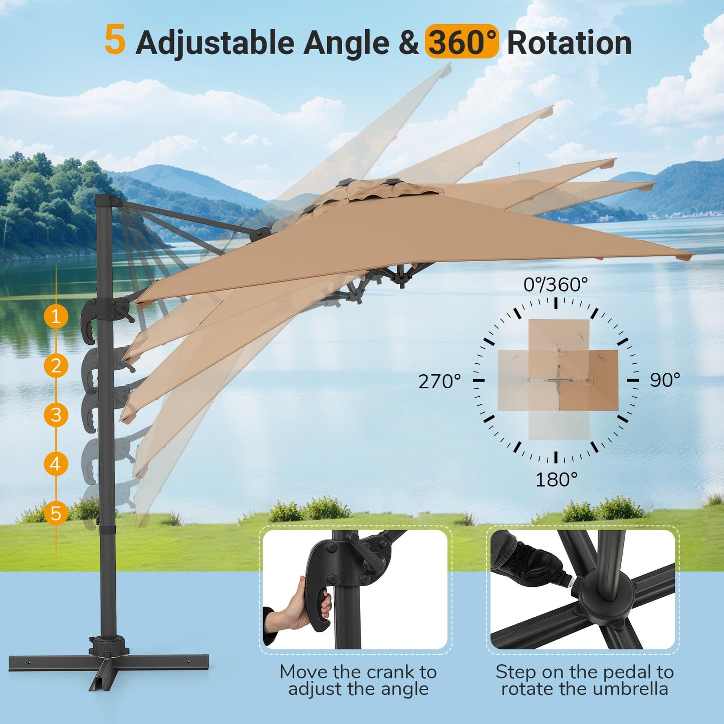 2.5M Square Offset Banana Umbrella with 5 Adjustable Tilt