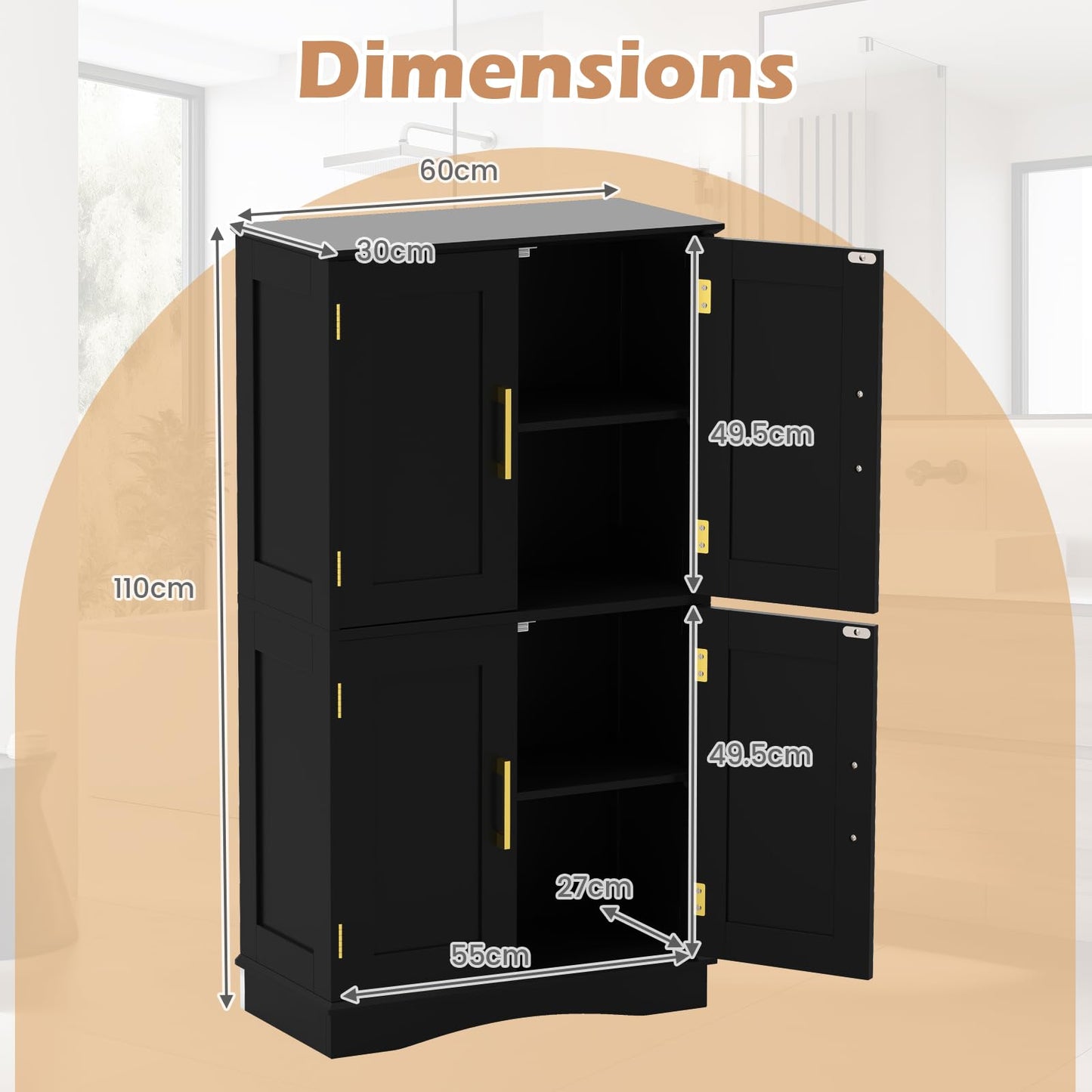 Bathroom Floor Storage Cabinet with 4 Doors and 2 Adjustable Shelves