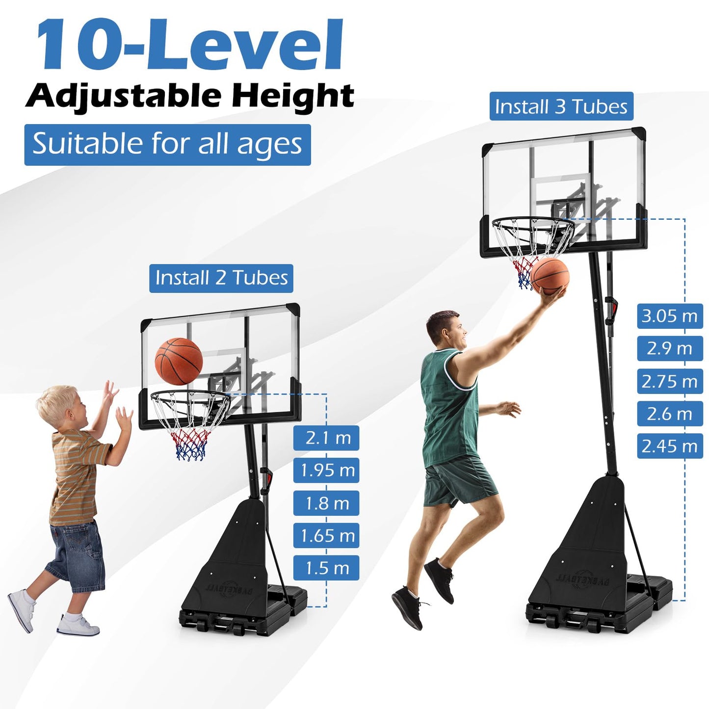 Basketball Hoop System with 44 Inch Shatterproof Backboard and Basketball Rebounder