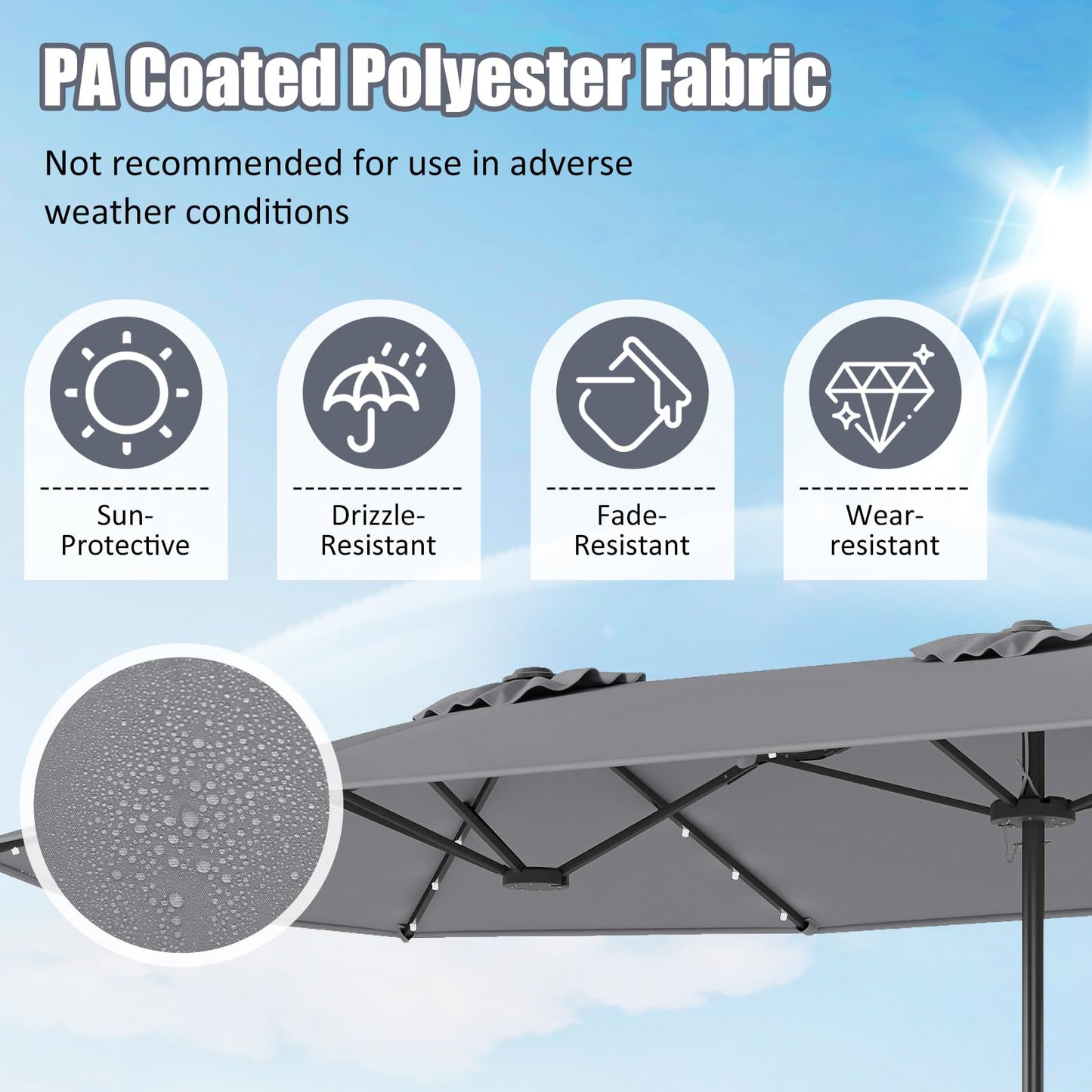 4M Double-Sided Parasol with Base with 36 Solar LED Lights
