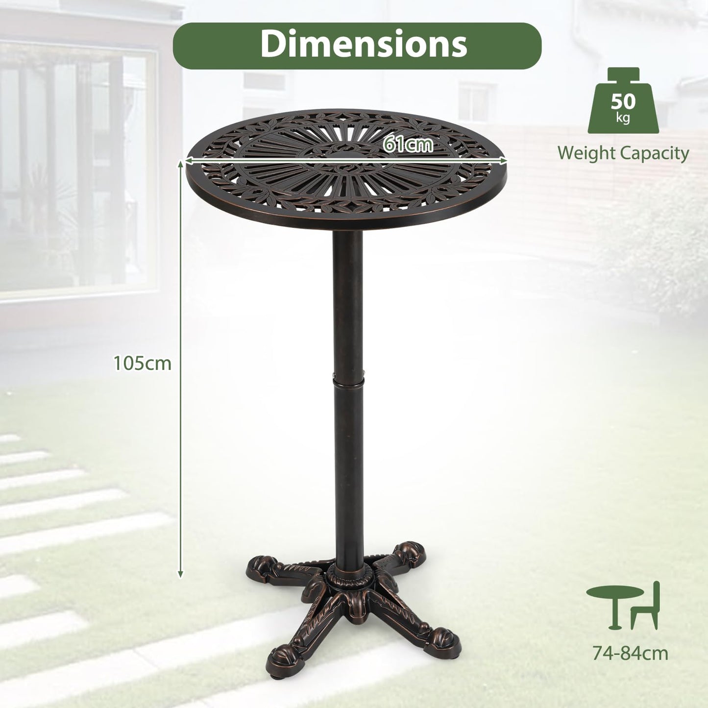 61 x 61 x 105 cm Cast Aluminum Round Bistro Table with Carved Texture
