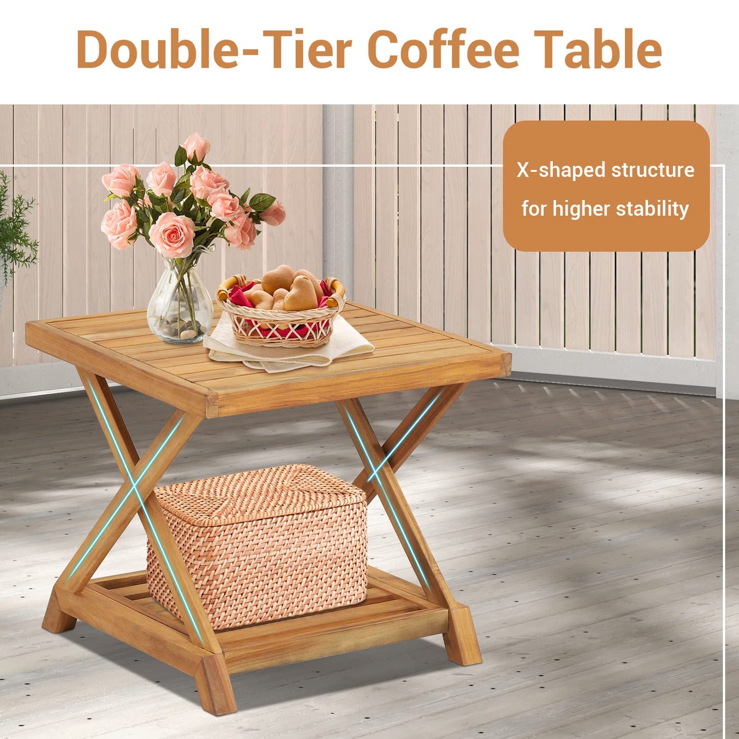 3 PCS Acacia Wood Garden Table and Chairs Patio Sofa Set with Coffee Table and Cushions