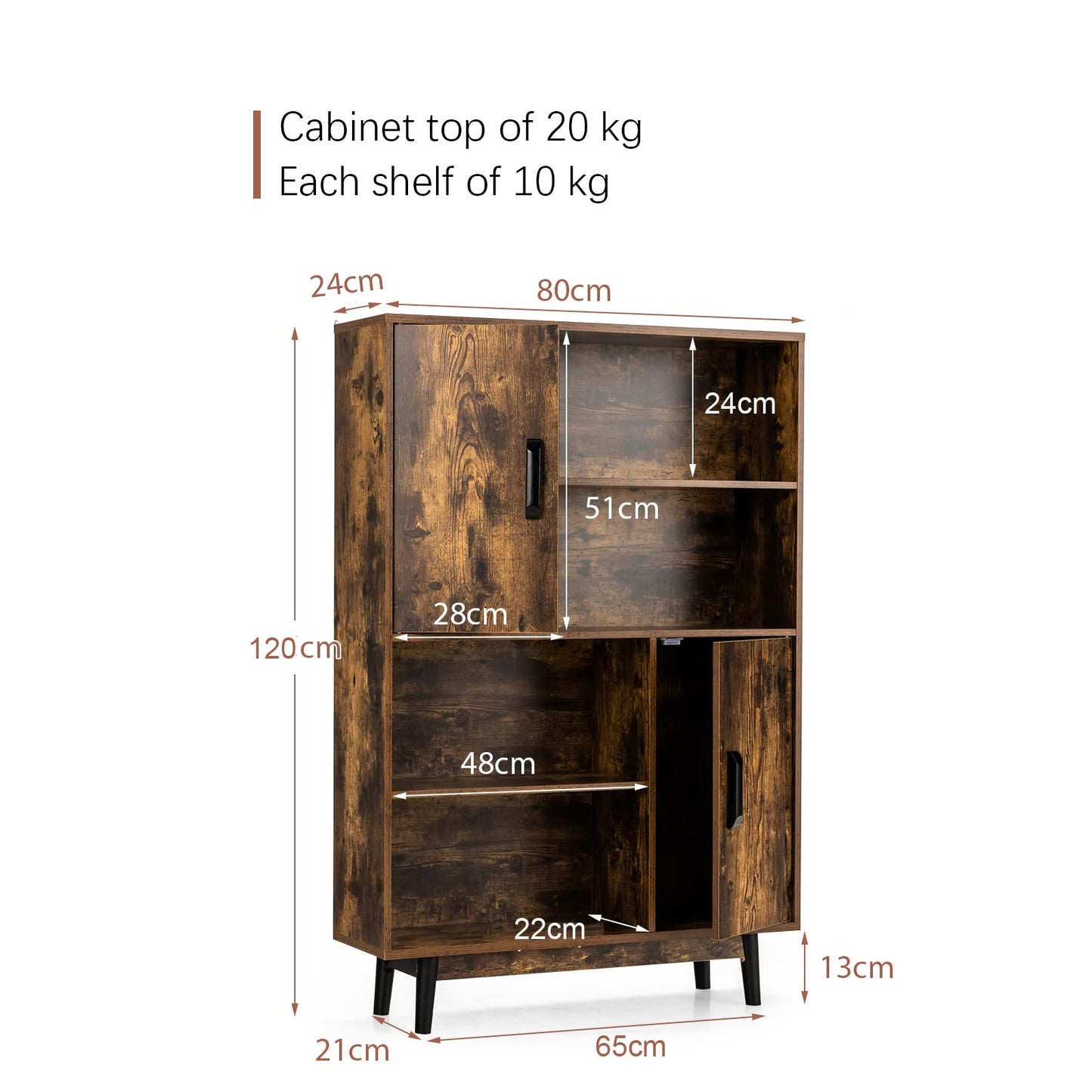 Freestanding Wooden Sideboard Storage Cabinet with 2 Doors and 4 Shelves